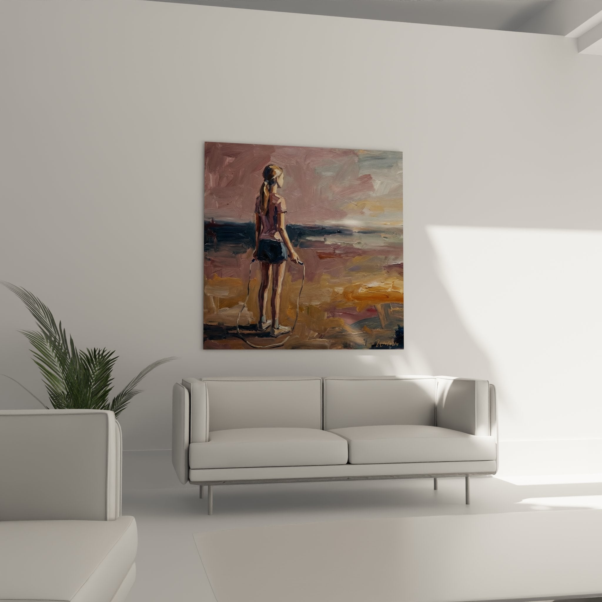 Expressionist painting detail of girl holding jump rope, visible brushstroke technique