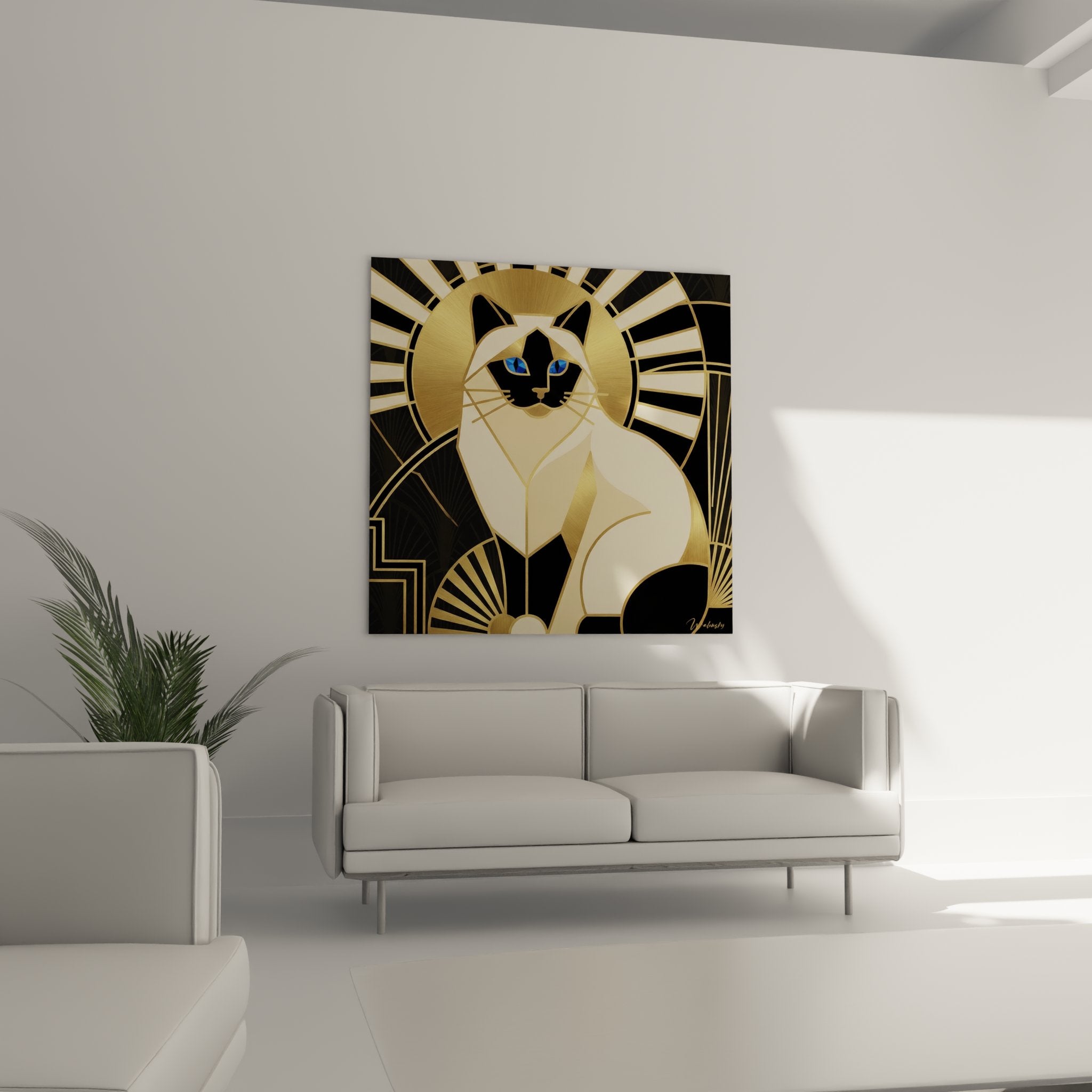 Detail of the artwork showcasing the piercing blue eyes of the Birman cat in geometric Art Deco style