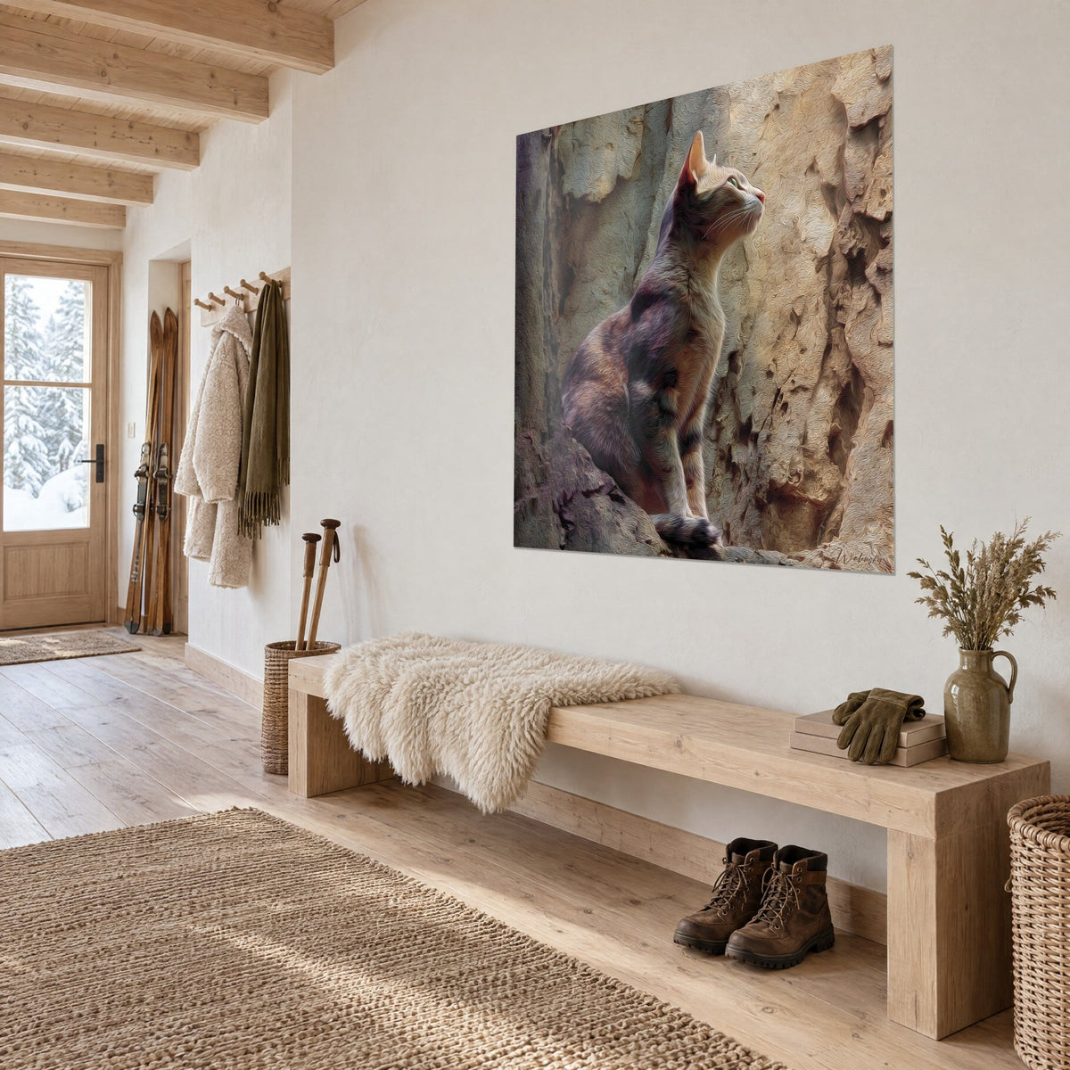 Tableau félin assis de profil, regard vers l'horizon, fourrure rosée et brune sur roche beige, banc en bois dans un chalet