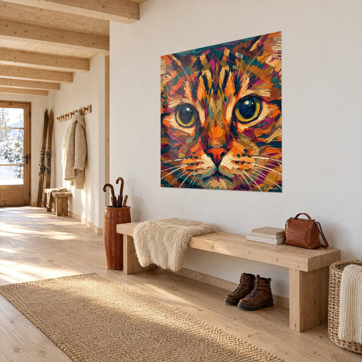 Tableau félin en touches épaisses orange, magenta et turquoise, grands yeux ronds, accroché en vue de trois-quarts dans un couloir de chalet