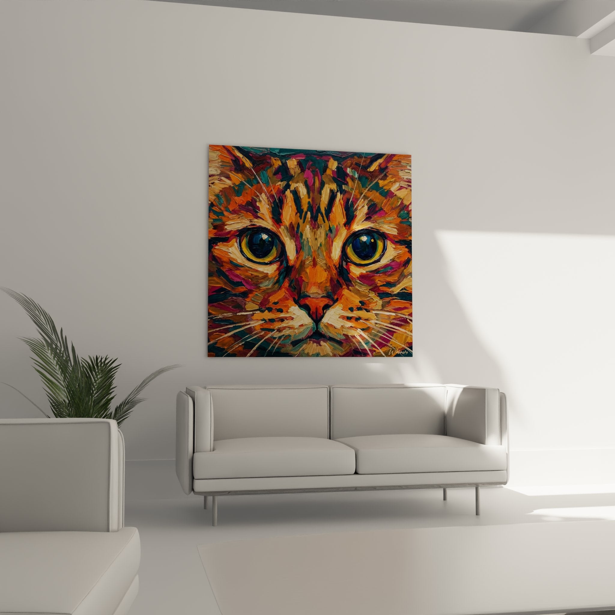 Expressionist cat painting detail, textured brushstrokes with vibrant colors and piercing blue eyes
