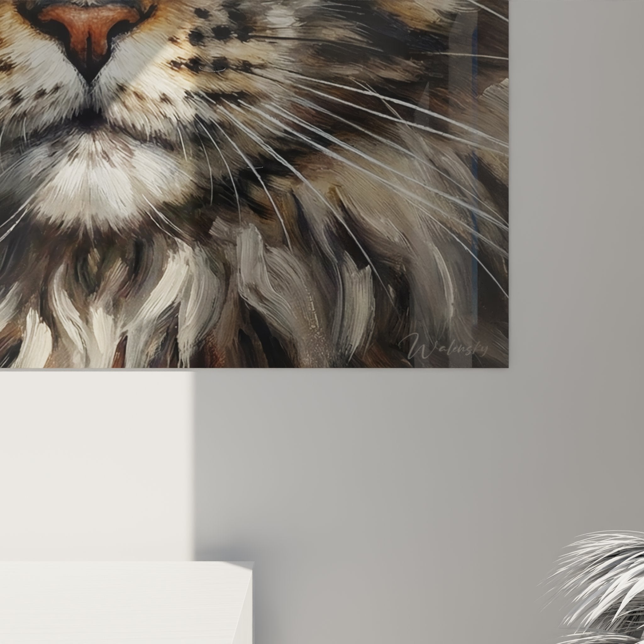 Overview wall art Maine Coon cat portrait, hypnotic golden eyes, feline art interior decoration
