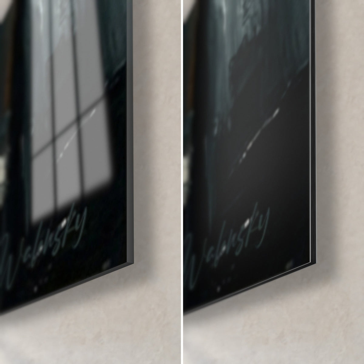 Wall art of an athlete with a magnesium-whitened hand, bottom right corner: glossy glass on the left, matt black Dibond on the right