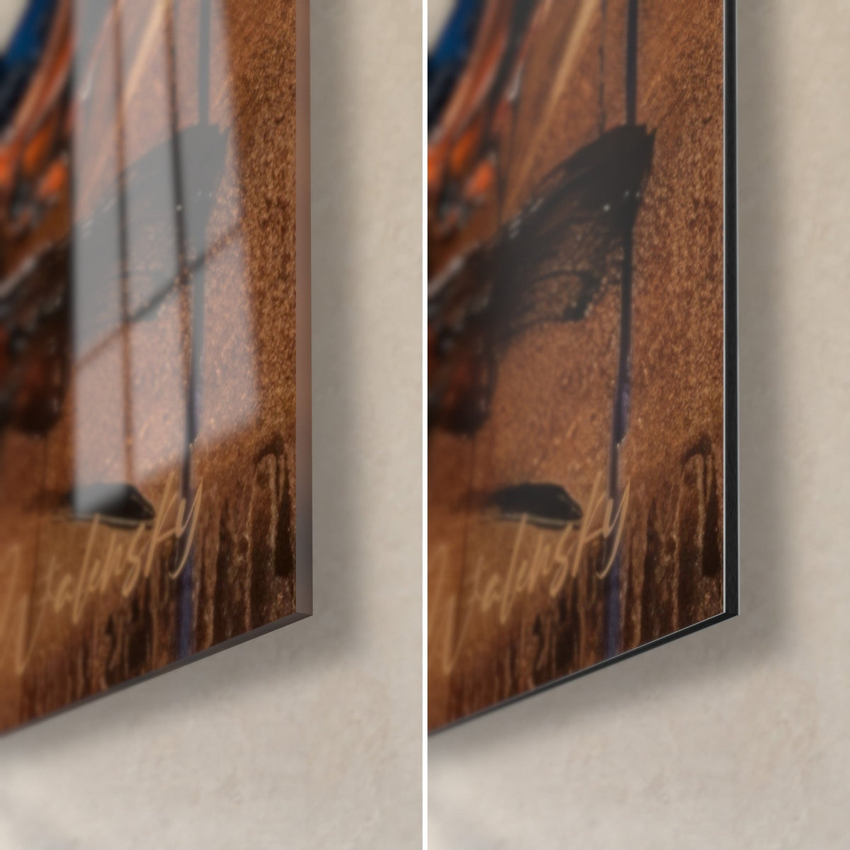 Gemälde Fußballspieler in Öl gemalt in Blau und Orange, untere rechte Ecke, glänzendes Acrylglas links, matter Alu-Dibond rechts, 3 mm Stärke