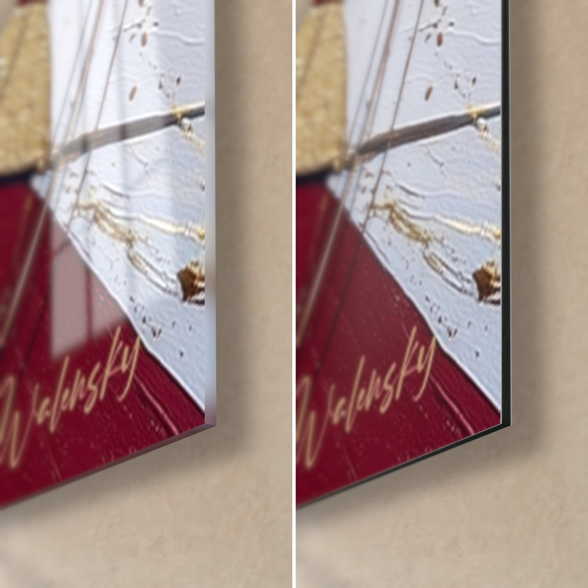 Wall art abstract circus tent in burgundy and white, 3 mm black edge, glossy glass on the left, matte Dibond on the right
