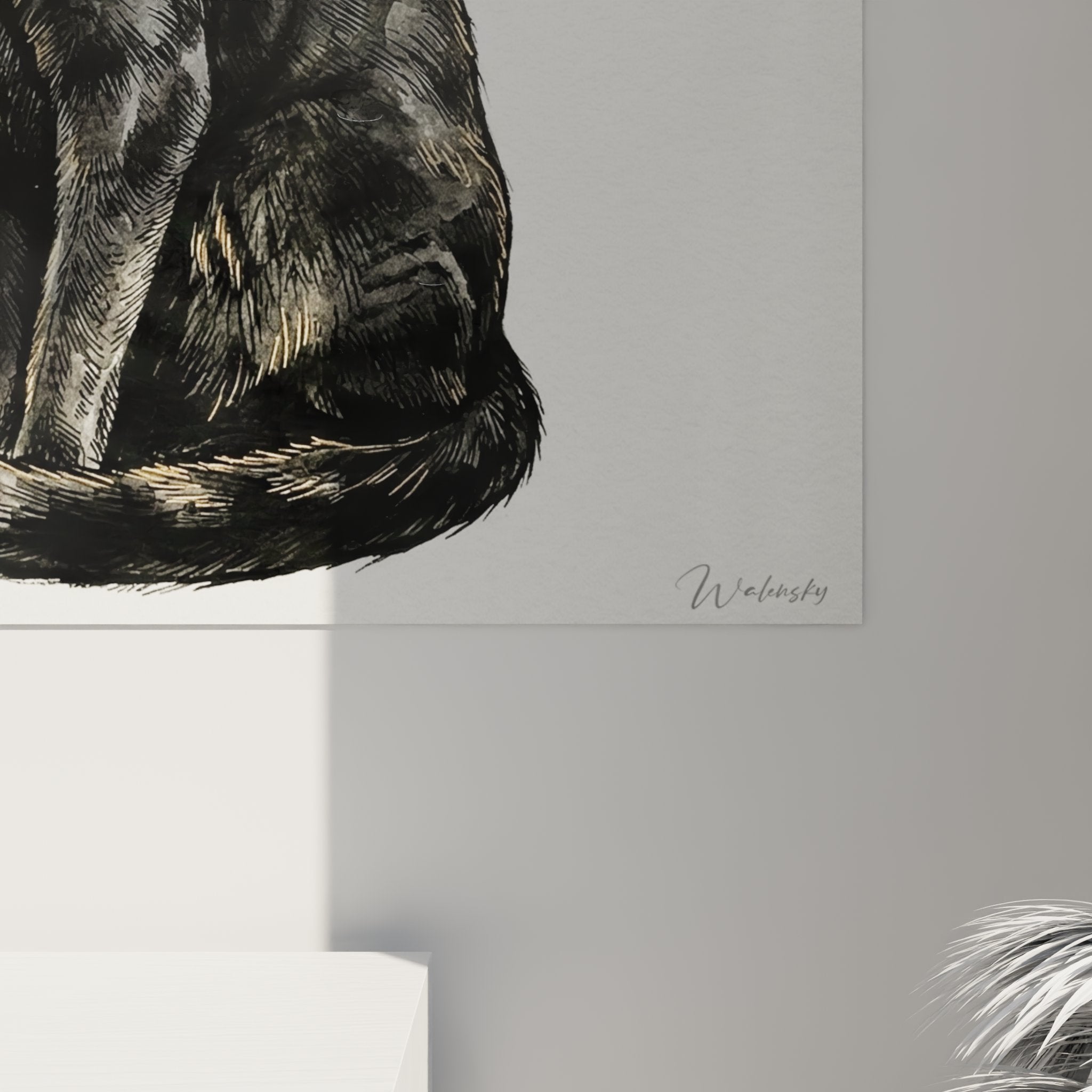 Vue perspective tableau chat Russian Blue décoration intérieur moderne art mural félin style contemporain