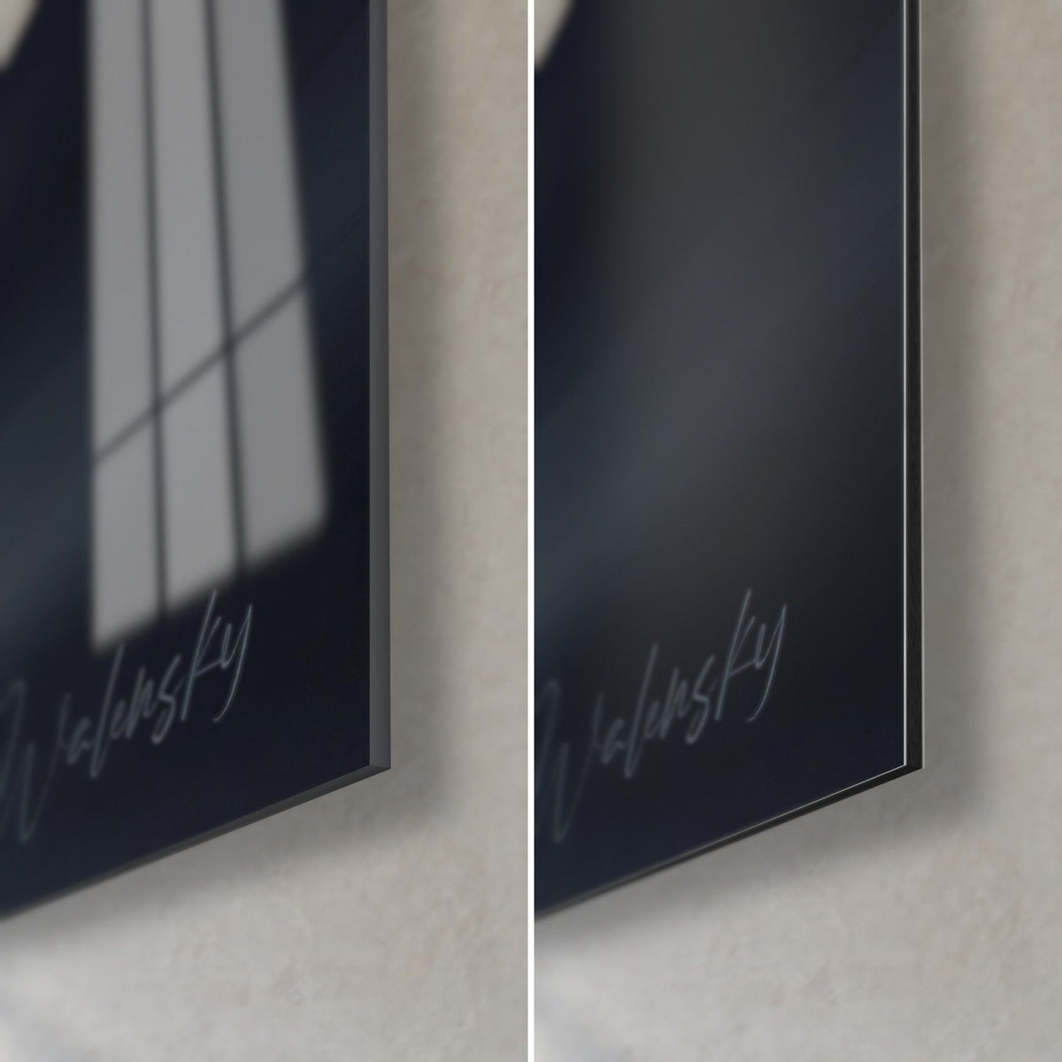 Tableau pratiquant de karaté en kimono blanc sur fond bleu nuit, coin bas droit : verre acrylique brillant et alu Dibond mat, tranche de 3 mm