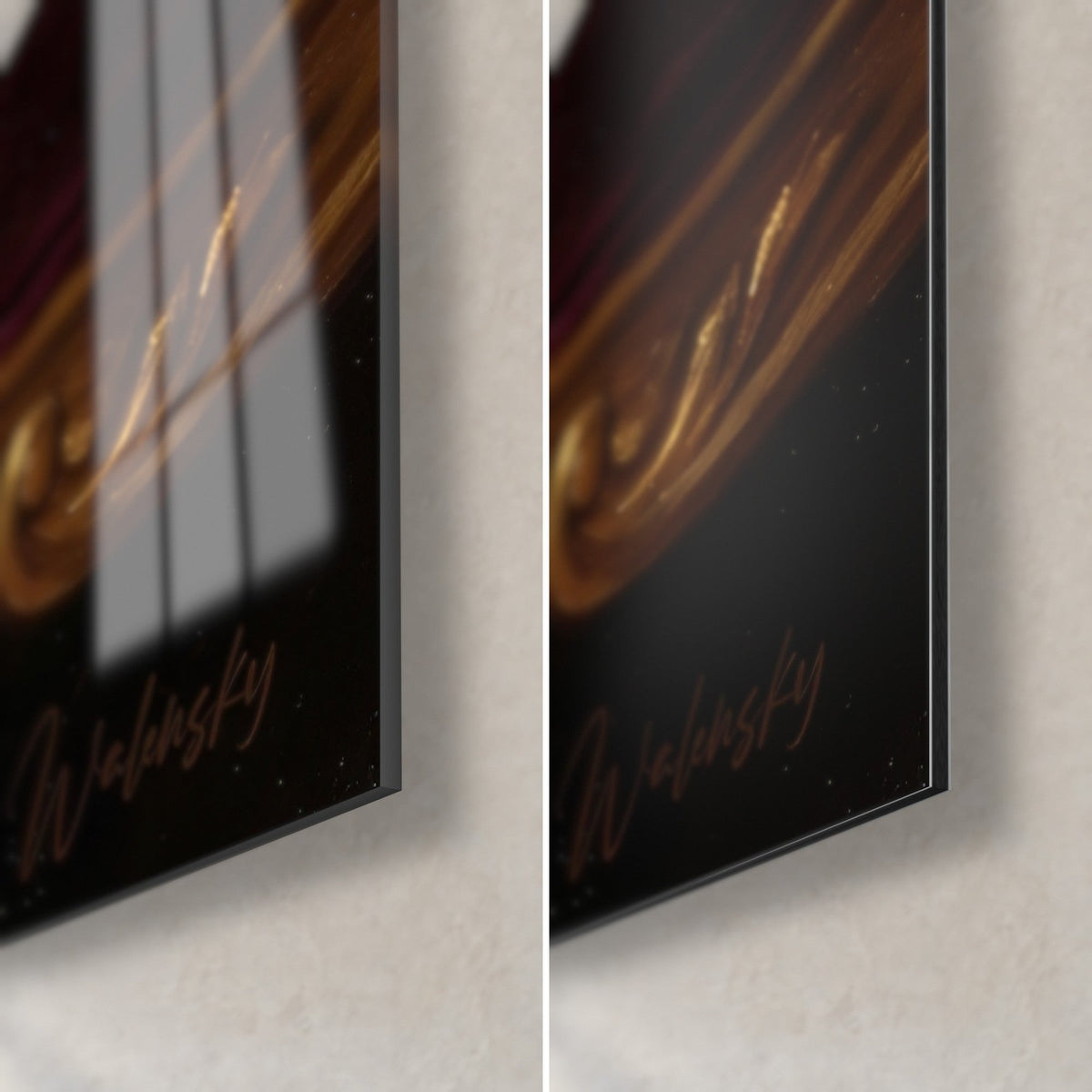 Tableau chat himalayan sur velours bordeaux, coin bas droit : reflets du verre acrylique brillant à gauche, alu Dibond mat noir à droite