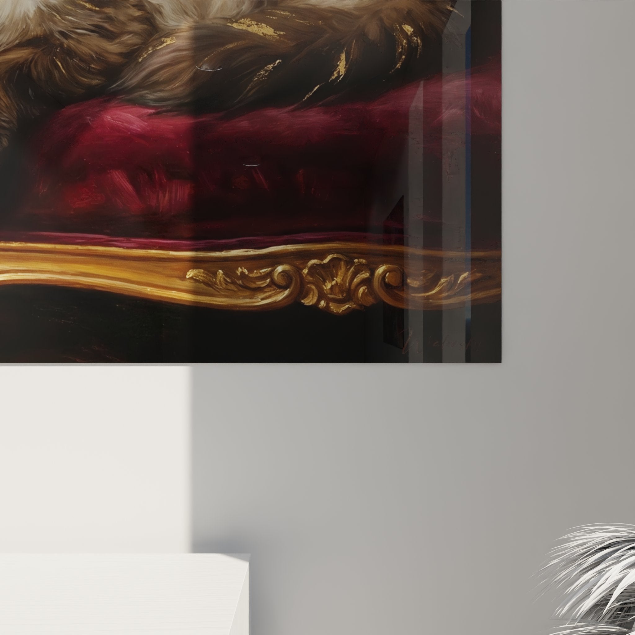 Himalayan cat wall art baroque style, elegant interior decoration, majestic feline golden armchair
