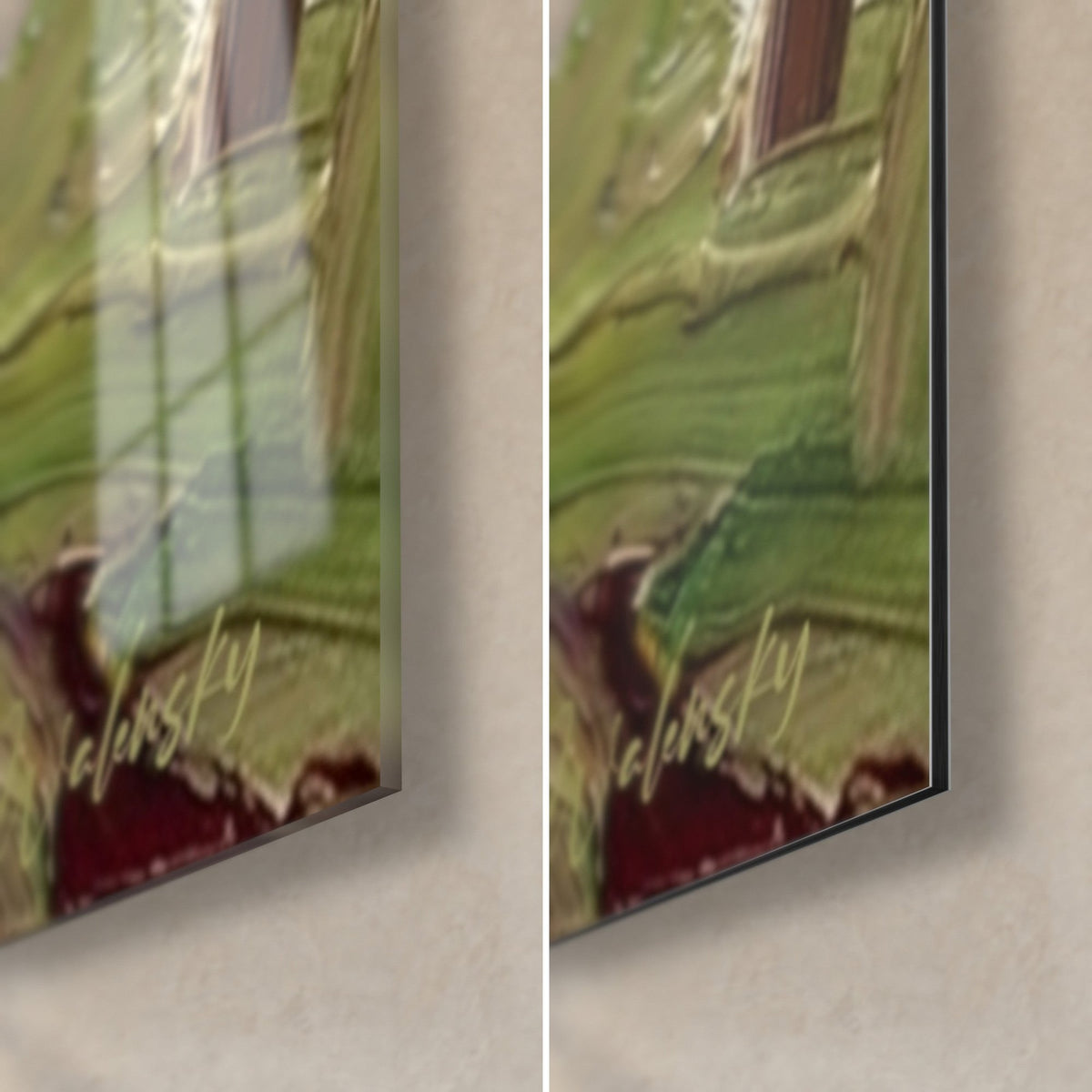 Wall art of a polo scene in thick green and red paint, bottom right corner in glossy glass and matte Dibond aluminium, 3 mm edge
