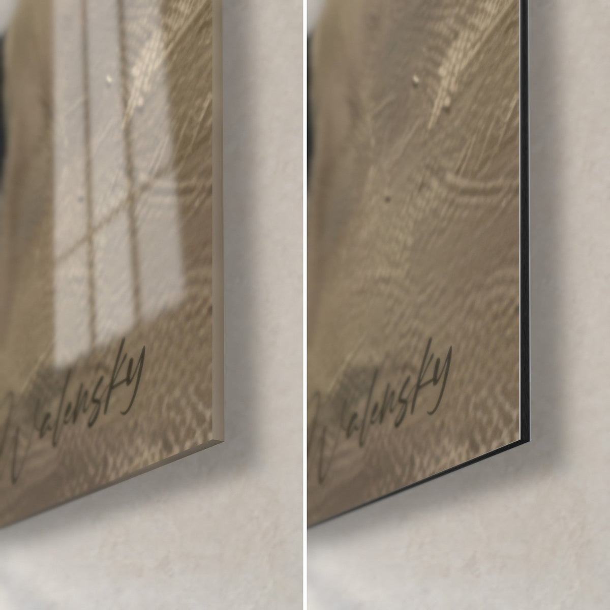 Wall art of a dressage rider, bottom right corner: glossy acrylic glass with brown reflections, matte black Dibond, 3 mm edge
