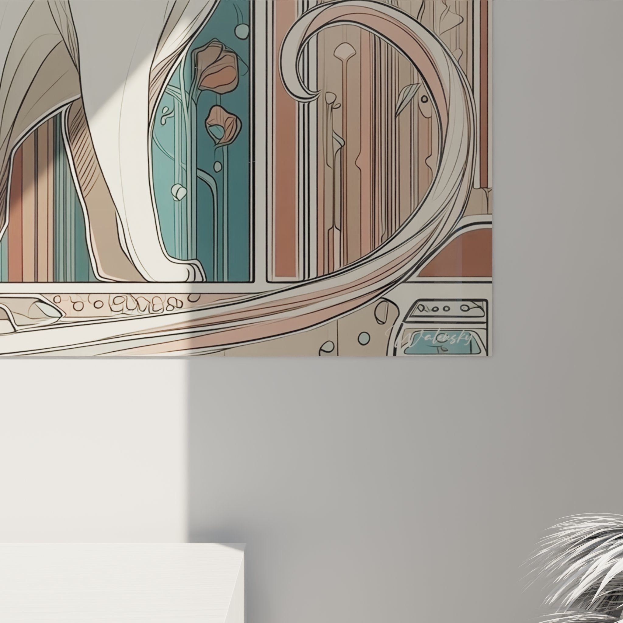 Vue d'ensemble tableau décoratif chat blanc style Art Nouveau avec encadrement floral coloré vintage