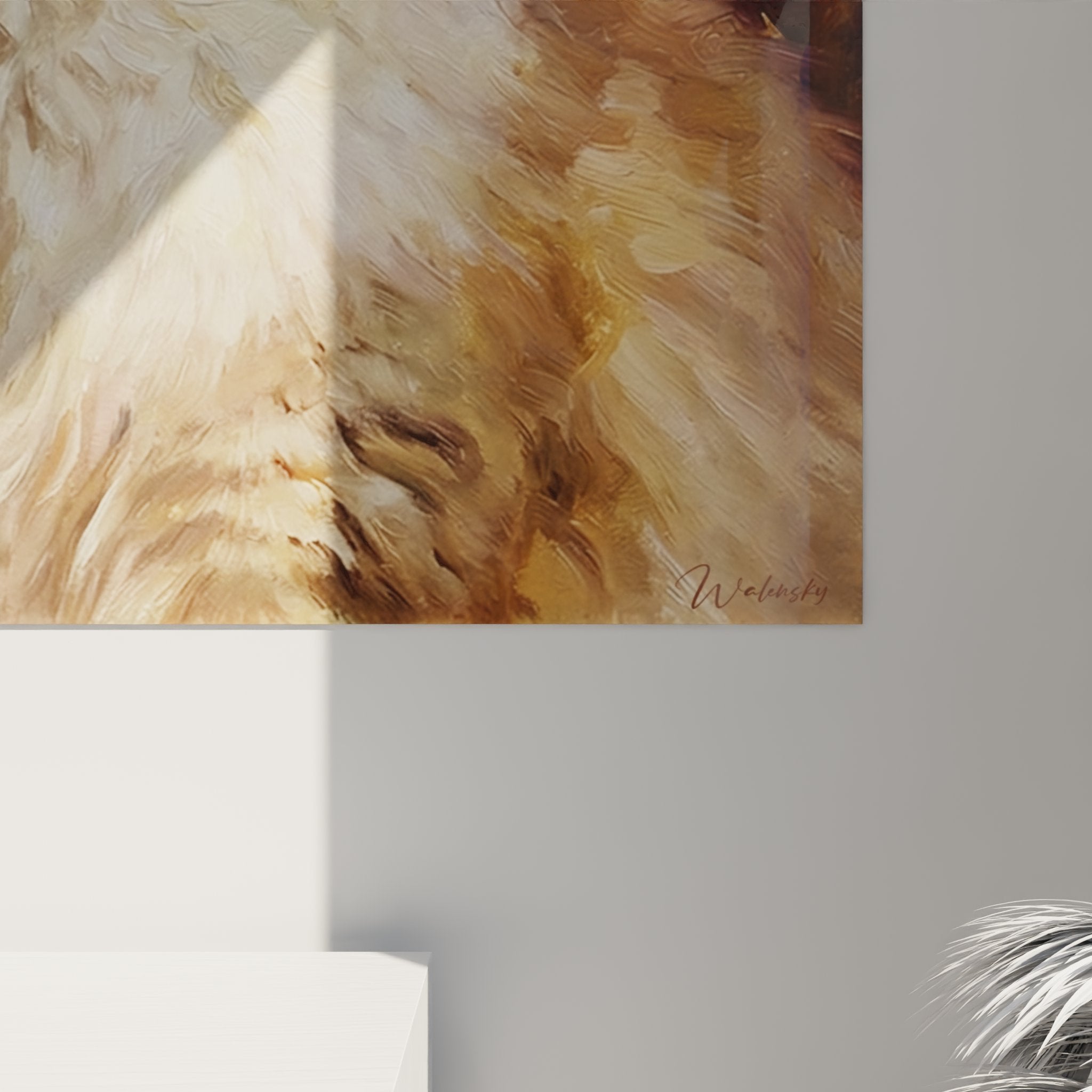 Vista completa del quadro gatto Ragamuffin nel suo ambiente, presentazione situata di decorazione murale