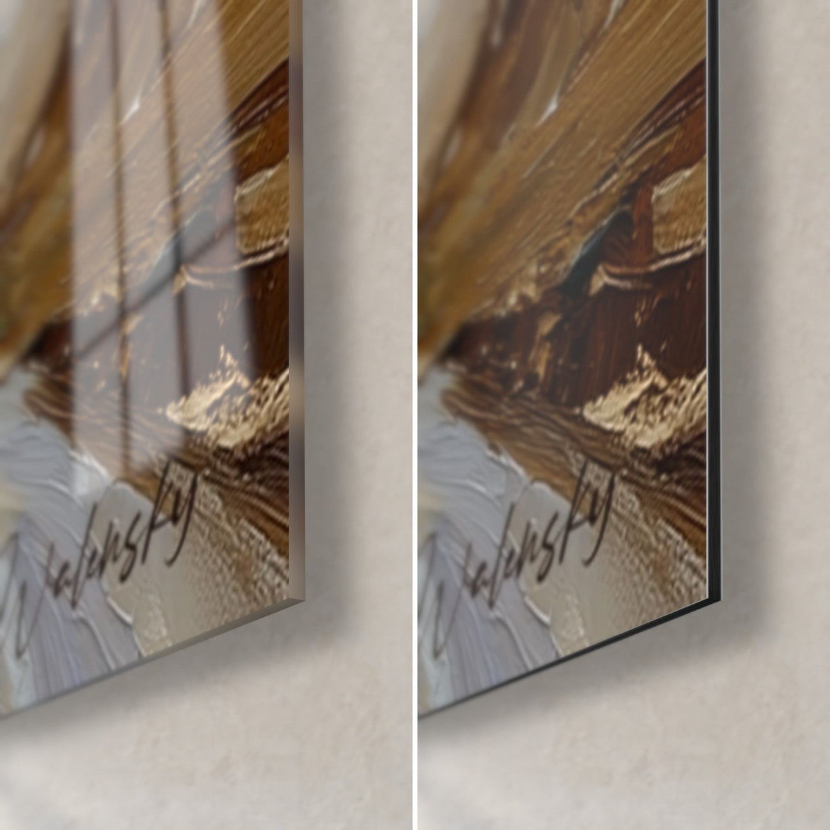 Tableau cimes rocheuses ocre et brun, coin bas droit : verre acrylique brillant à gauche, Dibond mat à droite, signature Walensky et tranche de 3 mm