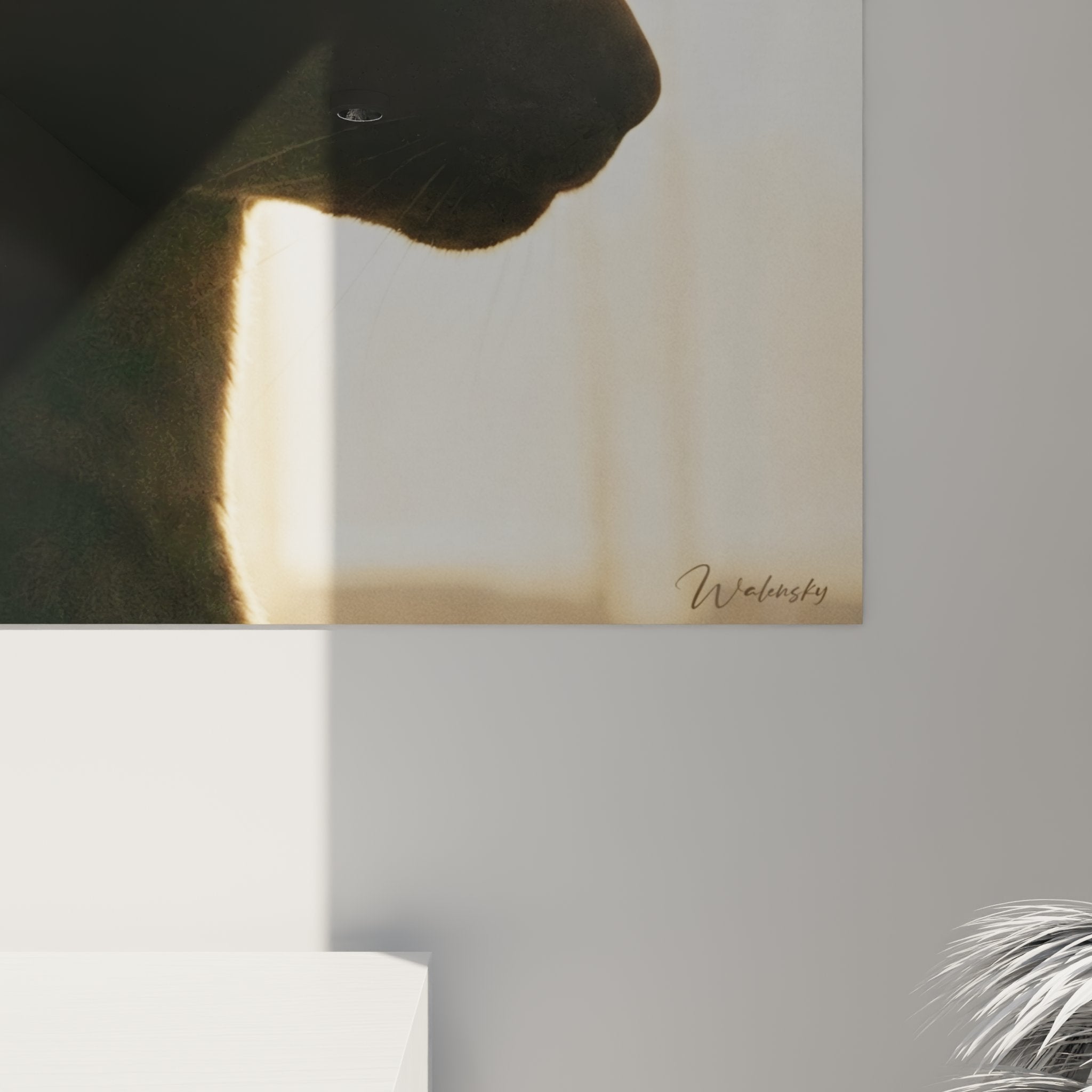 Vista d'insieme quadro gatto contemplazione finestra, decorazione murale arte felina luce dorata naturale