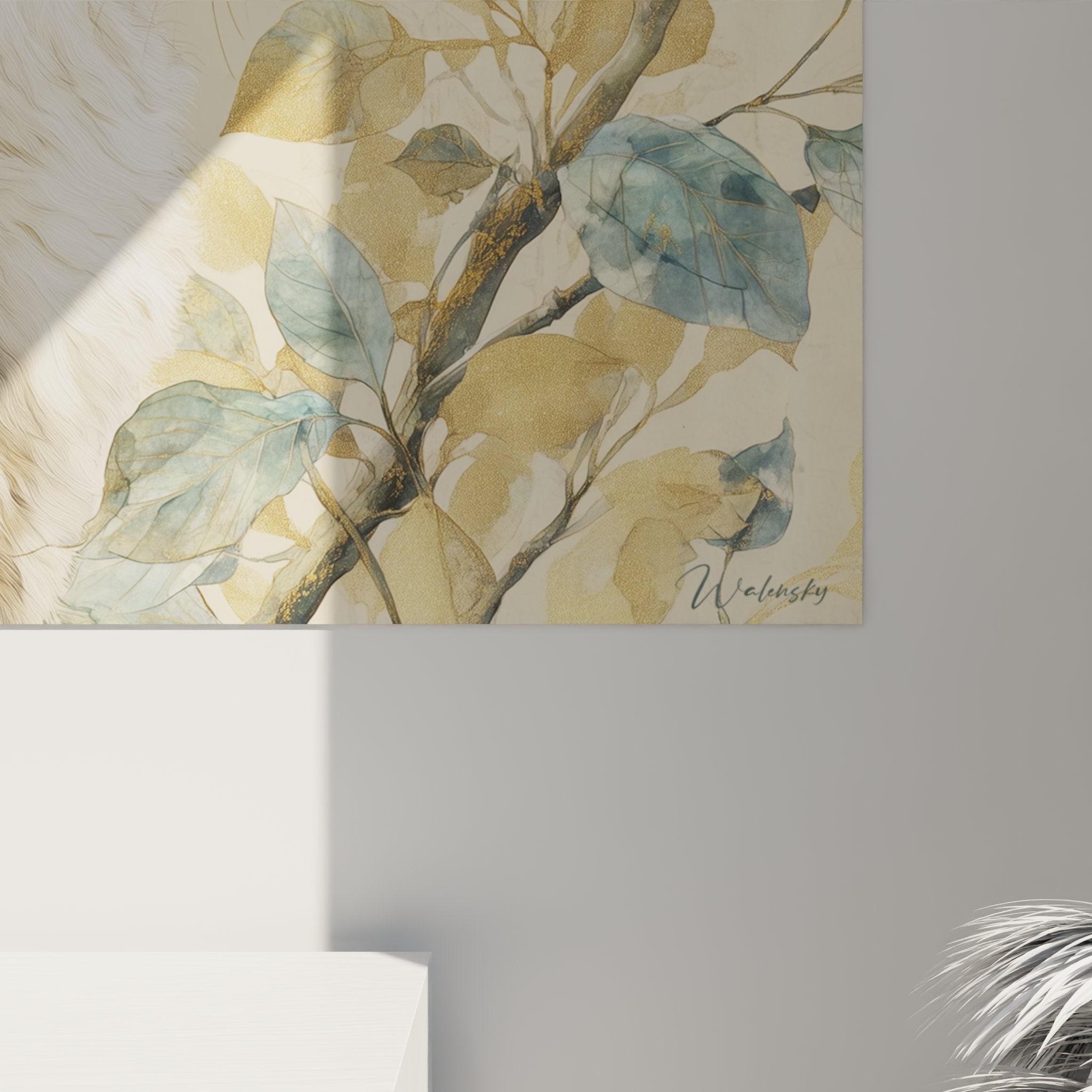 Overview of Birman cat wall art in contemporary living room with matching botanical decor