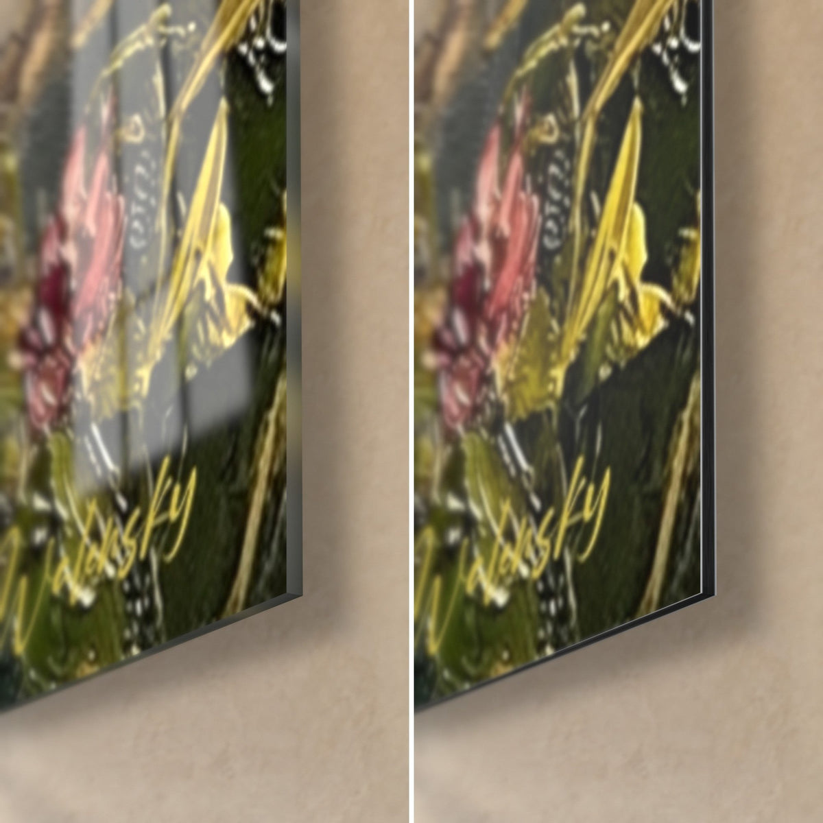 Gemälde Murmeltier mit falbfarbenem Fell, untere rechte Ecke: rosa Blüte und grünes Gras, glänzendes Glas und mattes Dibond, 3 mm Kante