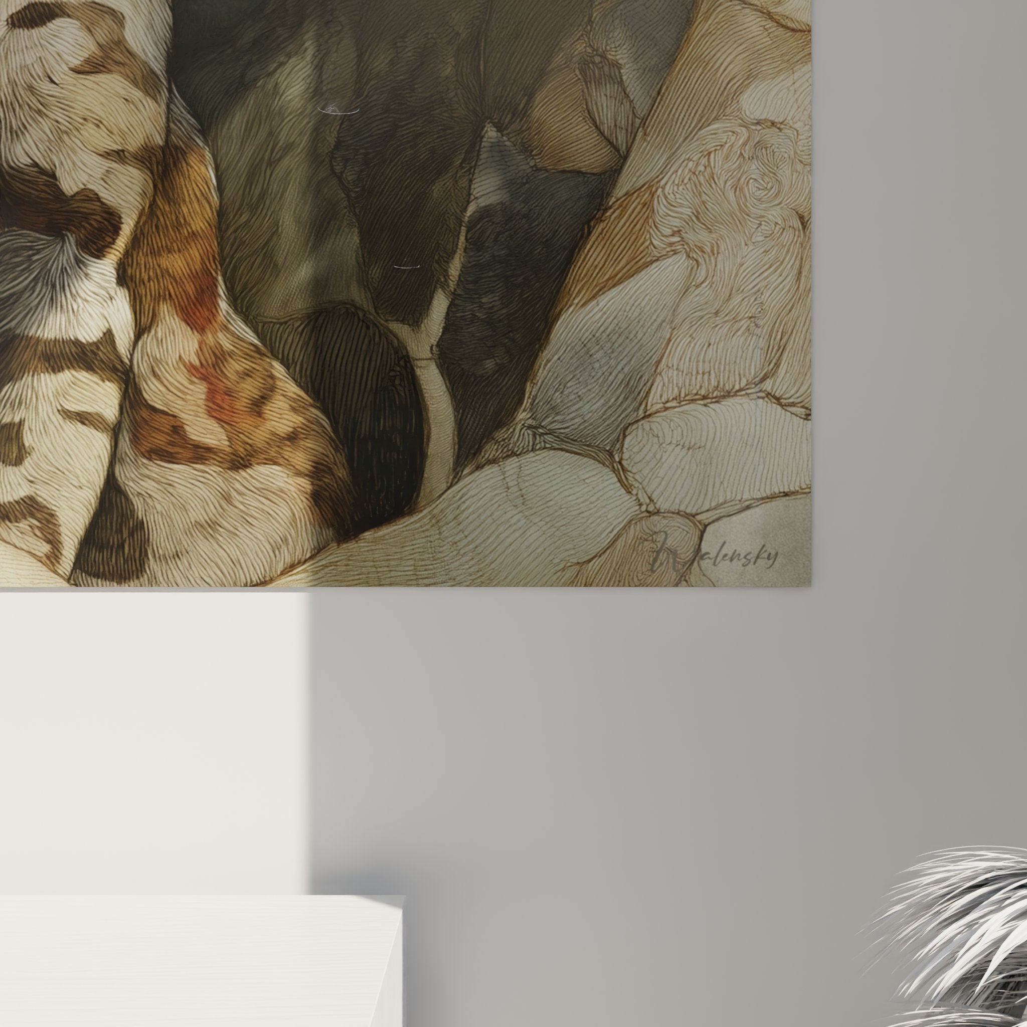 Vista d'insieme del quadro gatto Sokoke in un interno contemporaneo elegante