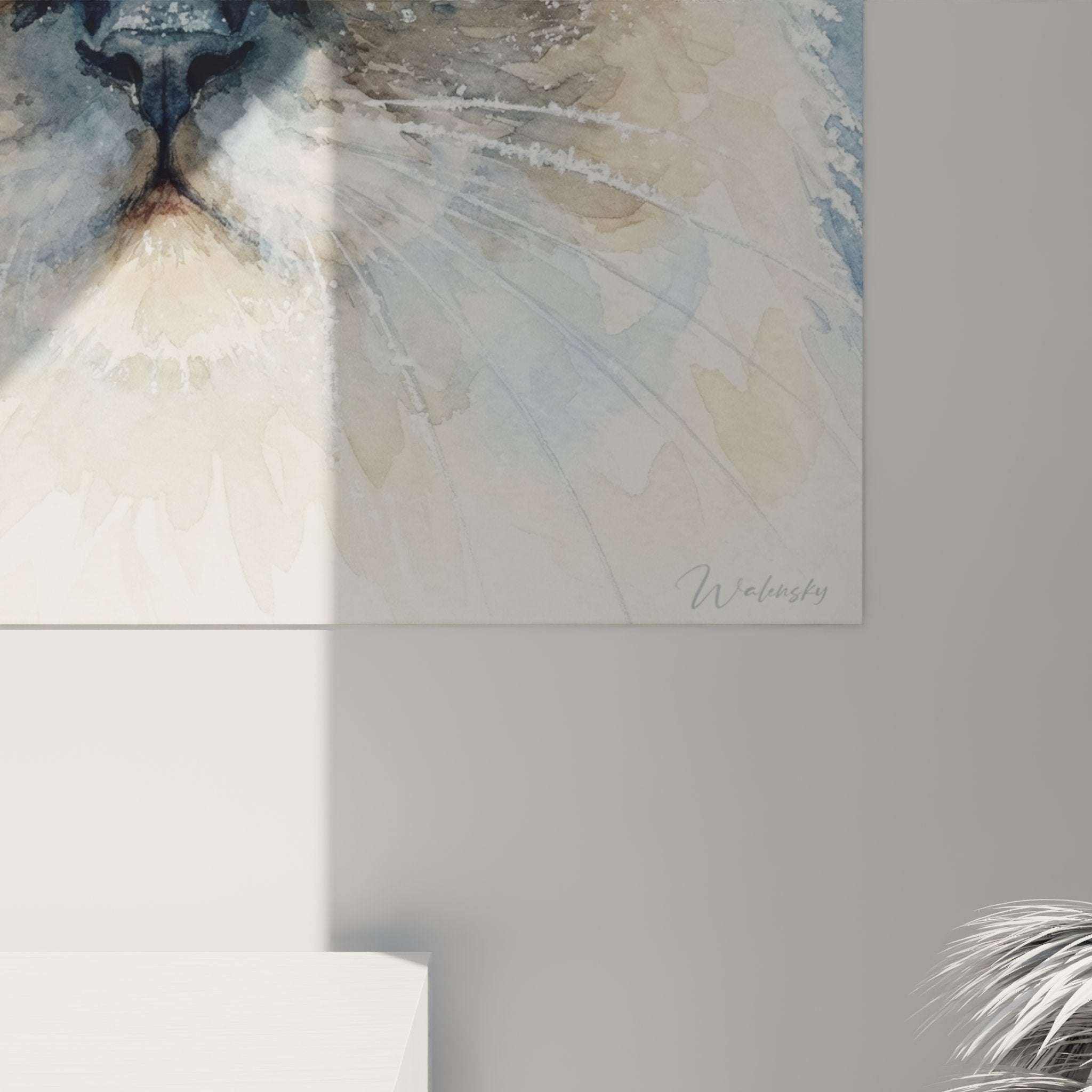 Vue d'ensemble tableau mural chat Himalayan, peinture aquarelle bleue et crème décoration intérieur