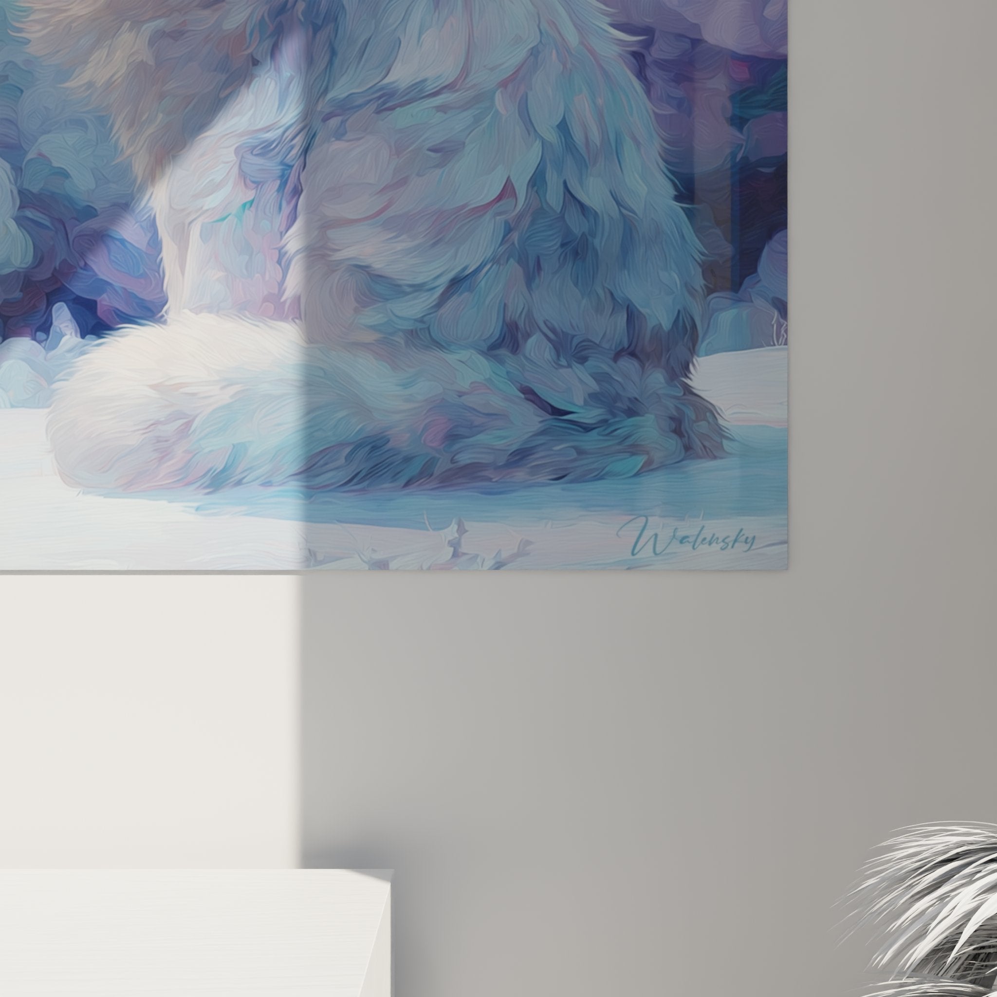 Overview of celestial siberian cat wall art in modern living room, feline wall decoration