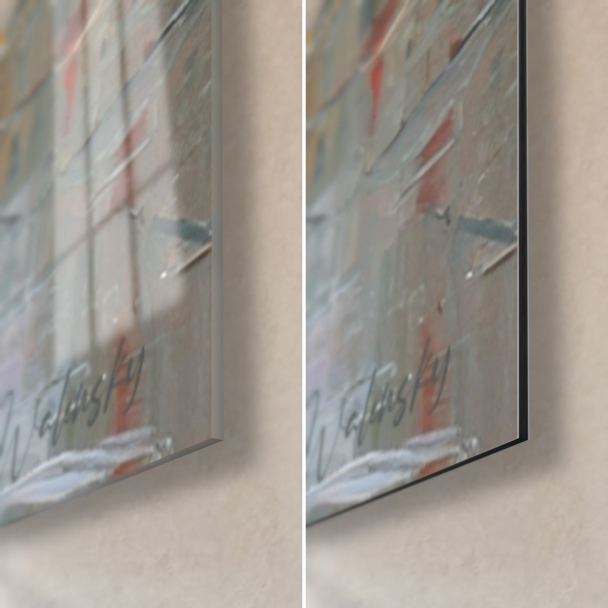 Quadro taxi gialli a spatola, angolo in basso a destra: vetro acrilico lucido e Dibond bianco opaco, bordo da 3 mm visibile