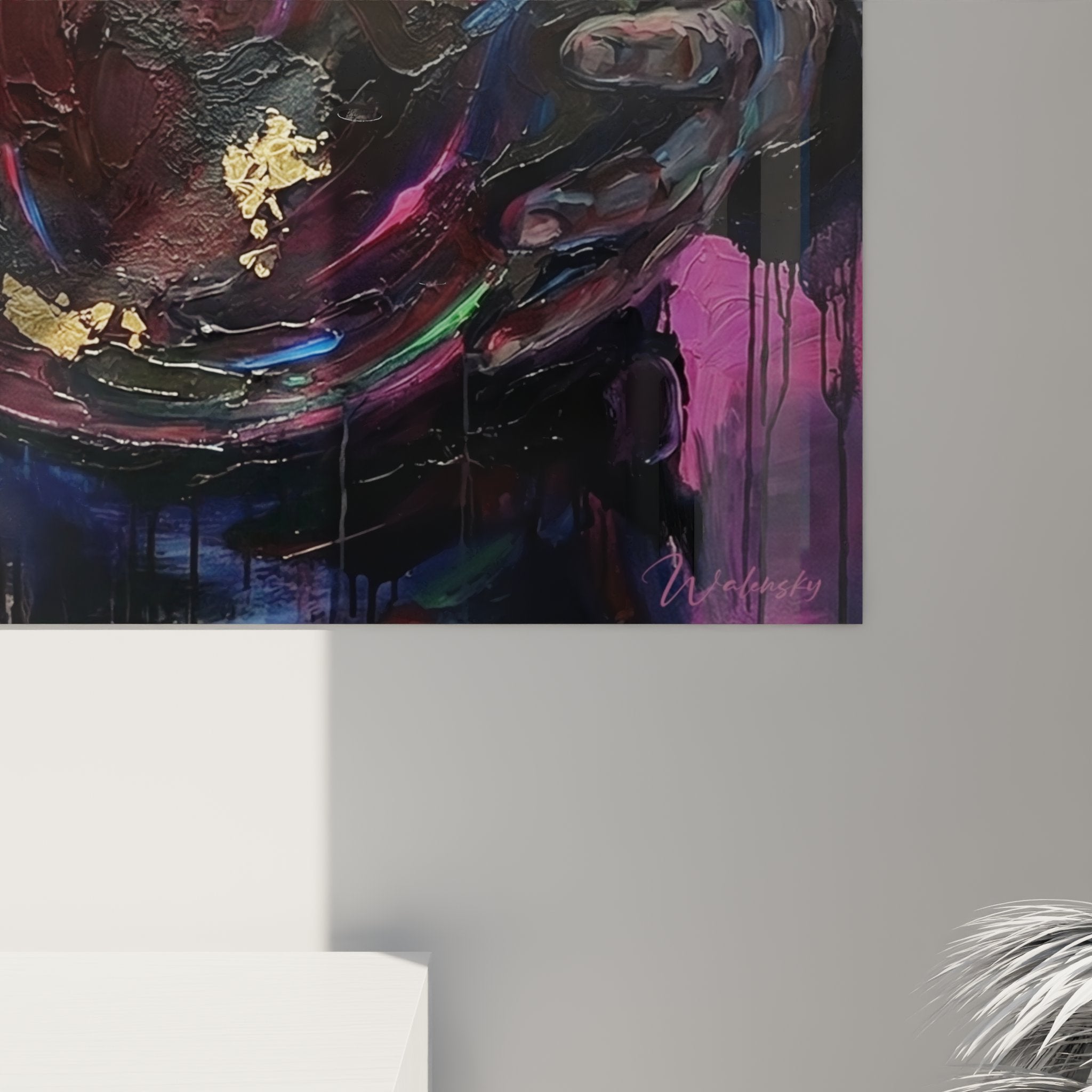 Overview of the abstract bowling painting showcasing color harmony and composition