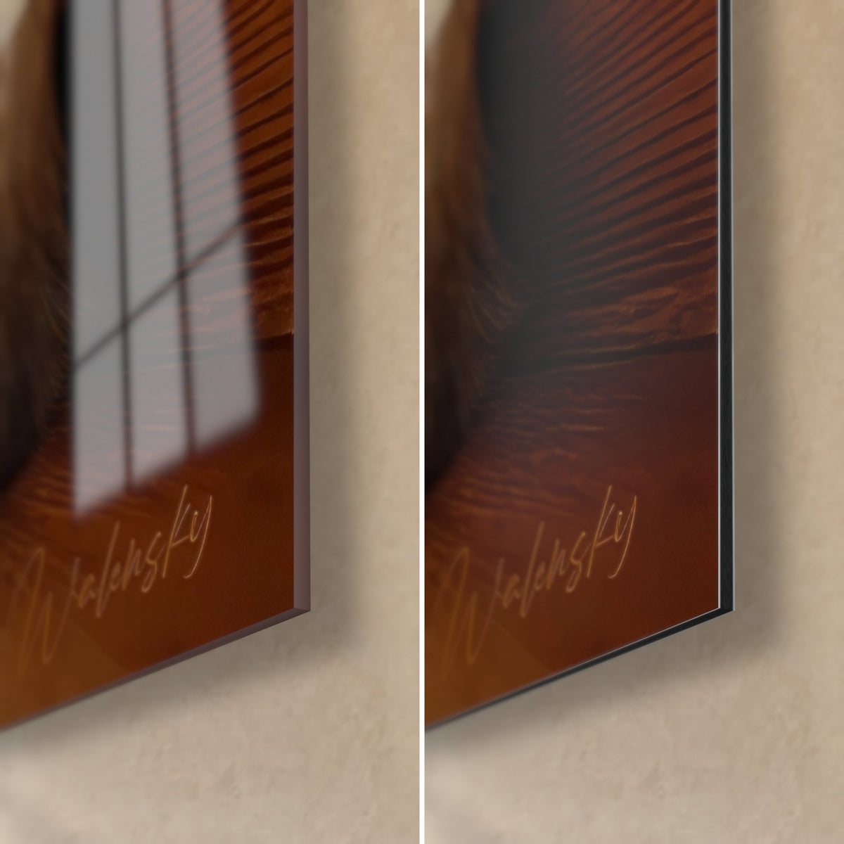 Wall art Balinese cat, bottom right corner: glossy acrylic glass on the left, matte brown Dibond on the right, 3 mm edge, gold signature