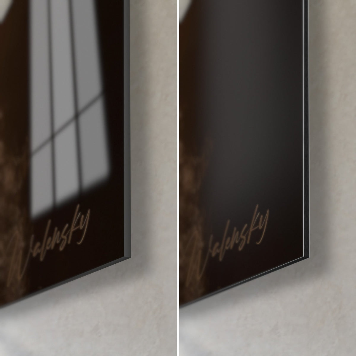 Wall art LaPerm cat with curly brown fur, bottom right corner: glossy acrylic glass on the left, matte black Dibond on the right