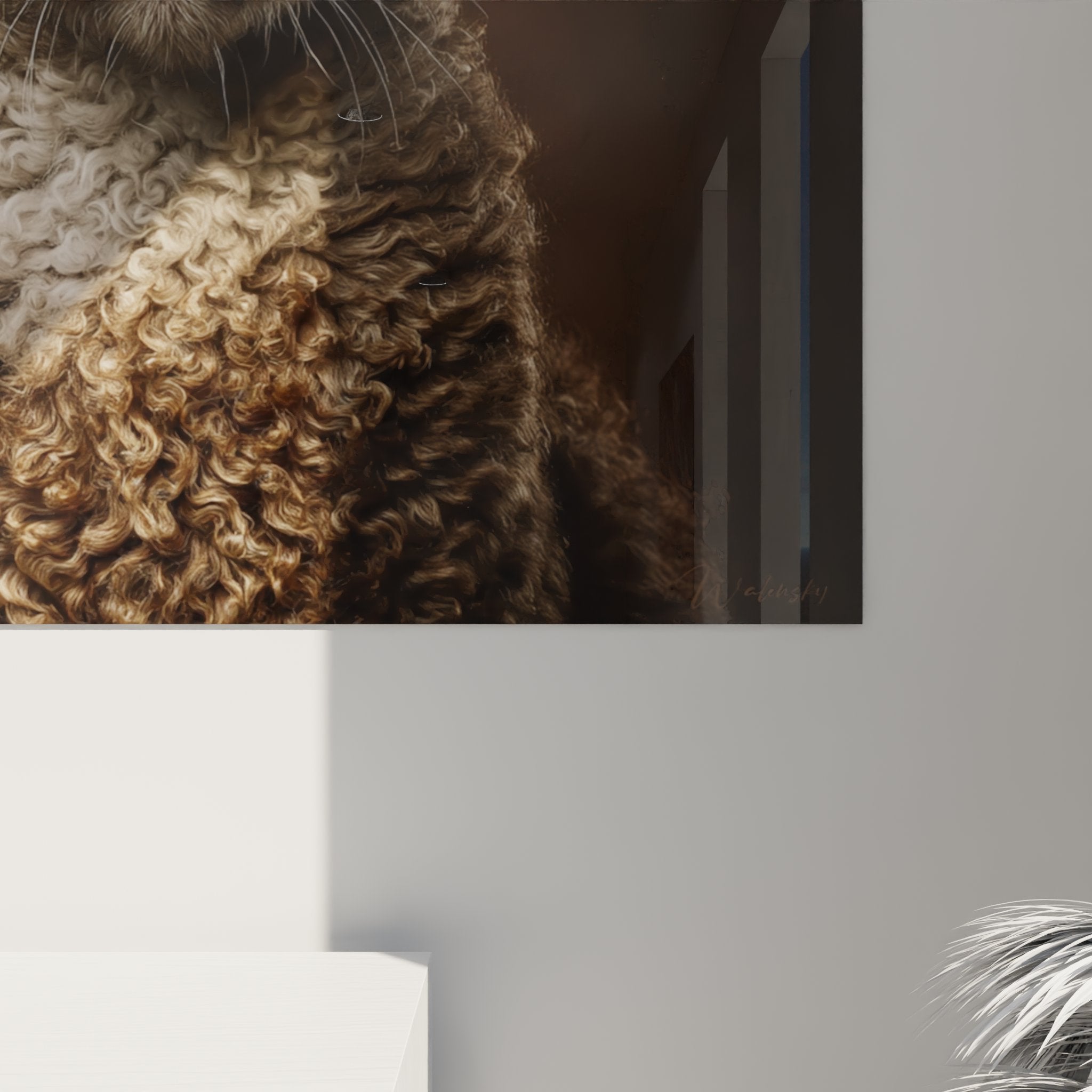 Panoramica del quadro murale gatto LaPerm in interno contemporaneo, arte felina decorativa