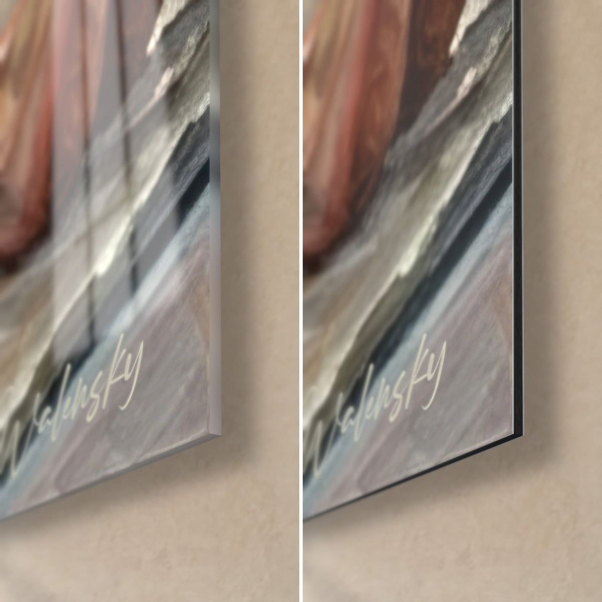 Schilderij revalidatie met weerstandsband, rechtsonder: glanzend acrylglas links, mat zwart Dibond rechts, 3 mm rand