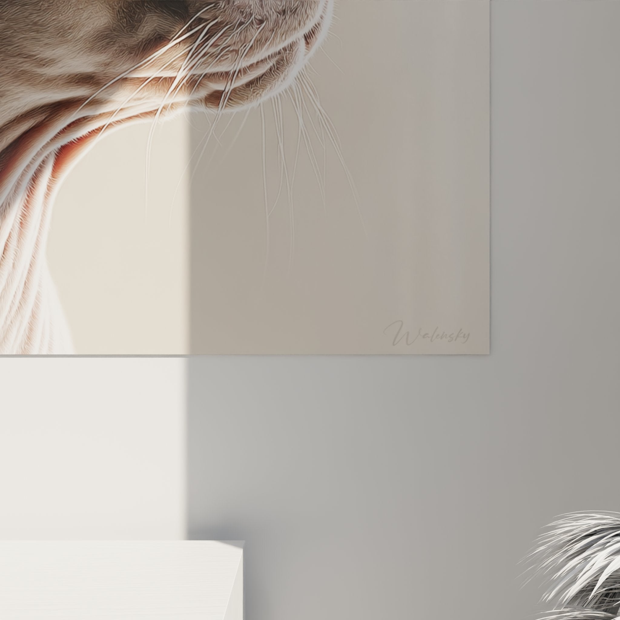 Overview of the Sphynx cat artwork in a contemporary interior with soft natural lighting