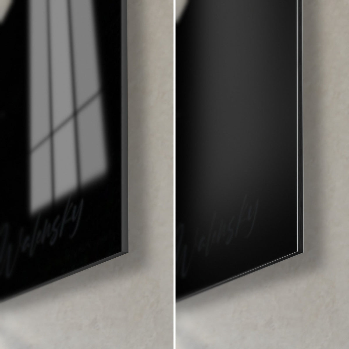 Wall art mourning Pierrot, bottom right corner: glossy glass with window reflections, matte black Dibond and a fine 3 mm edge