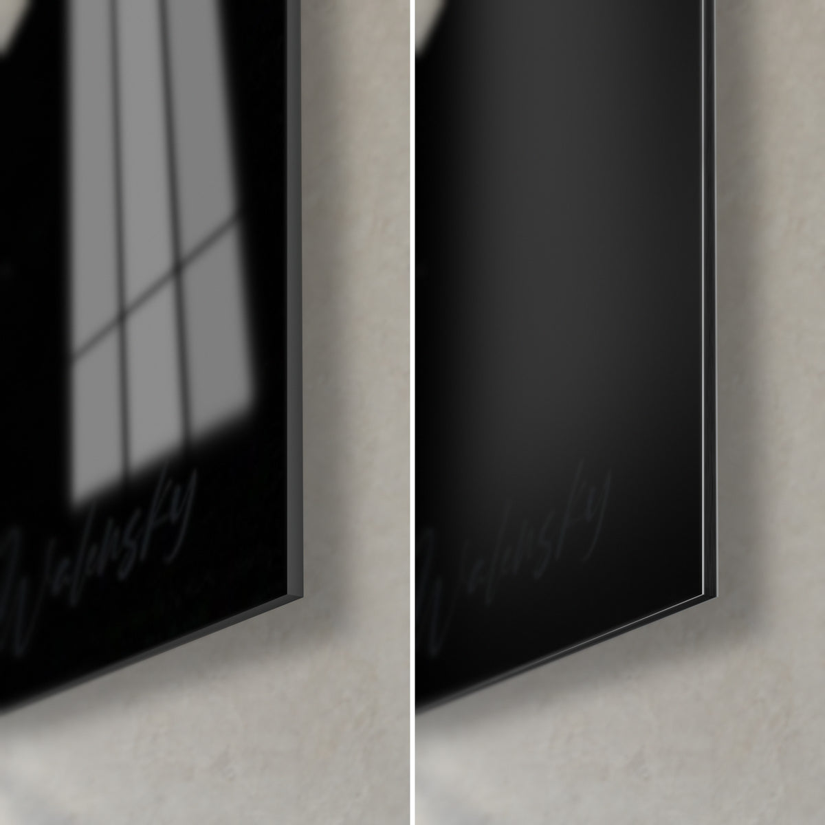 Tableau Pierrot en deuil, coin bas droit : verre brillant aux reflets de fenêtre, Dibond noir mat et tranche fine de 3 mm