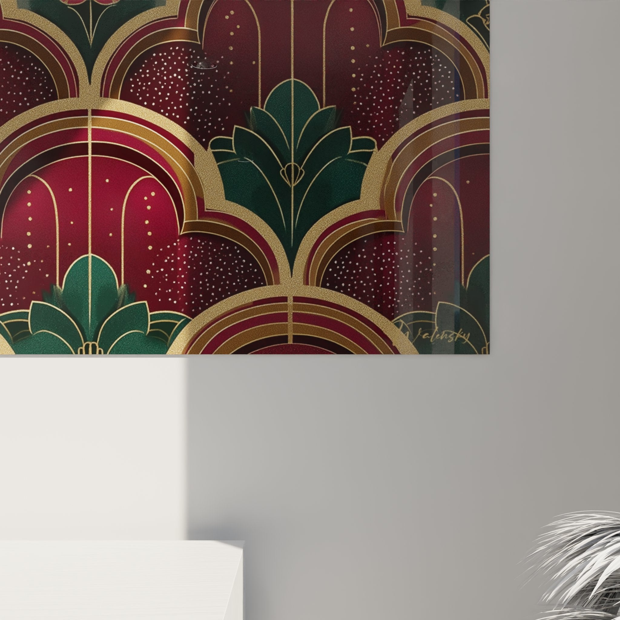 Vista d'insieme quadro art déco motivi ripetitivi archi orientali ed elementi vegetali geometrici