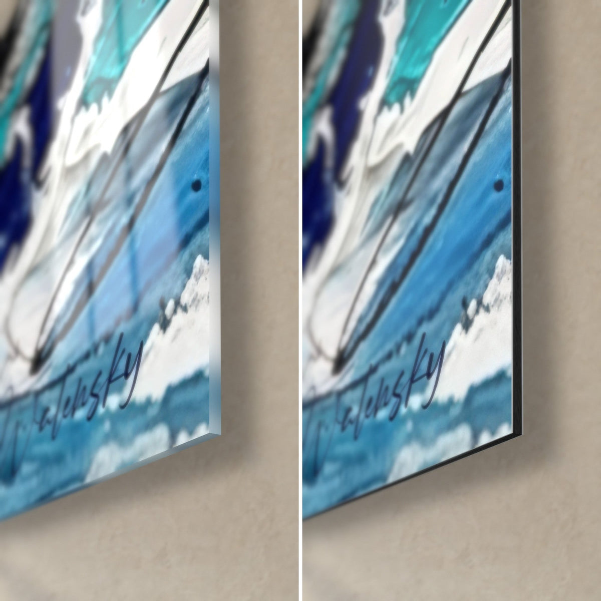 Tableau jet-ski bondissant, coin bas droit : verre acrylique brillant à gauche, alu Dibond mat à droite, bleu azur, tranche de 3 mm