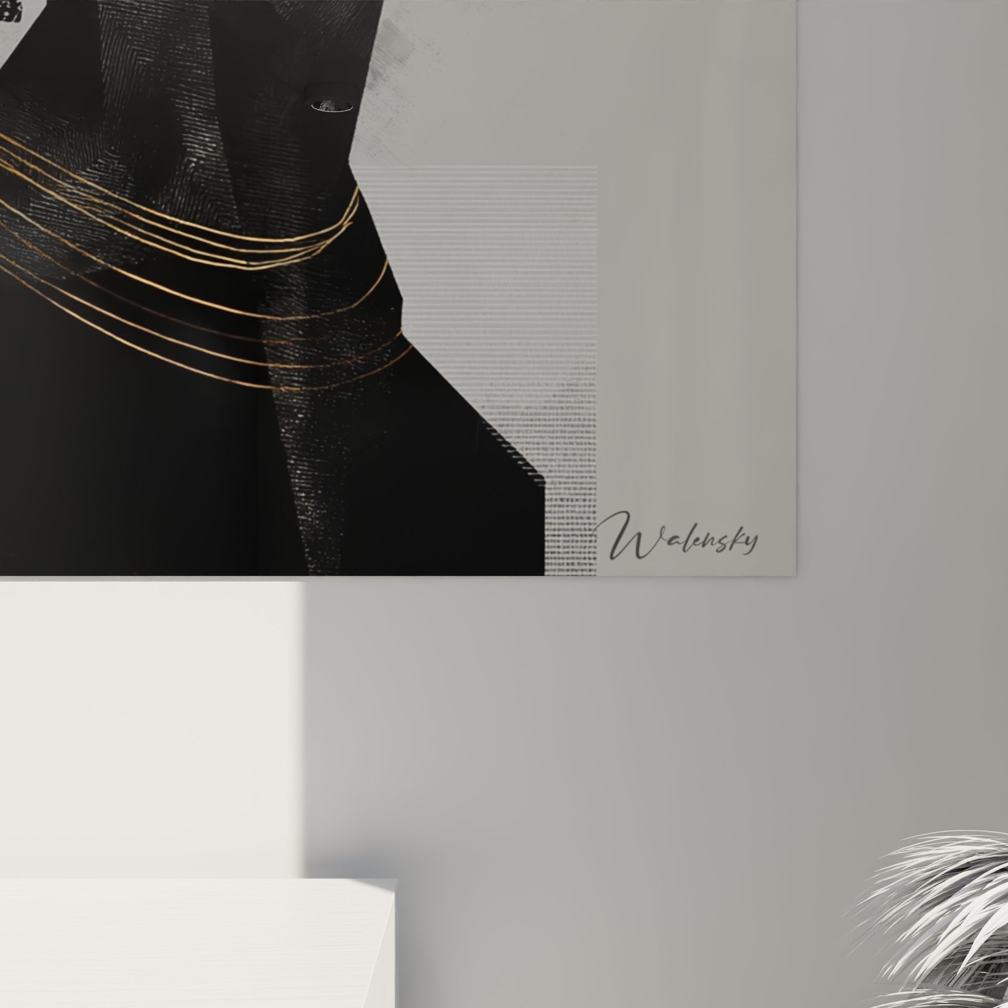 Panoramica del quadro di arte africana moderna in un interno contemporaneo minimalista e luminoso