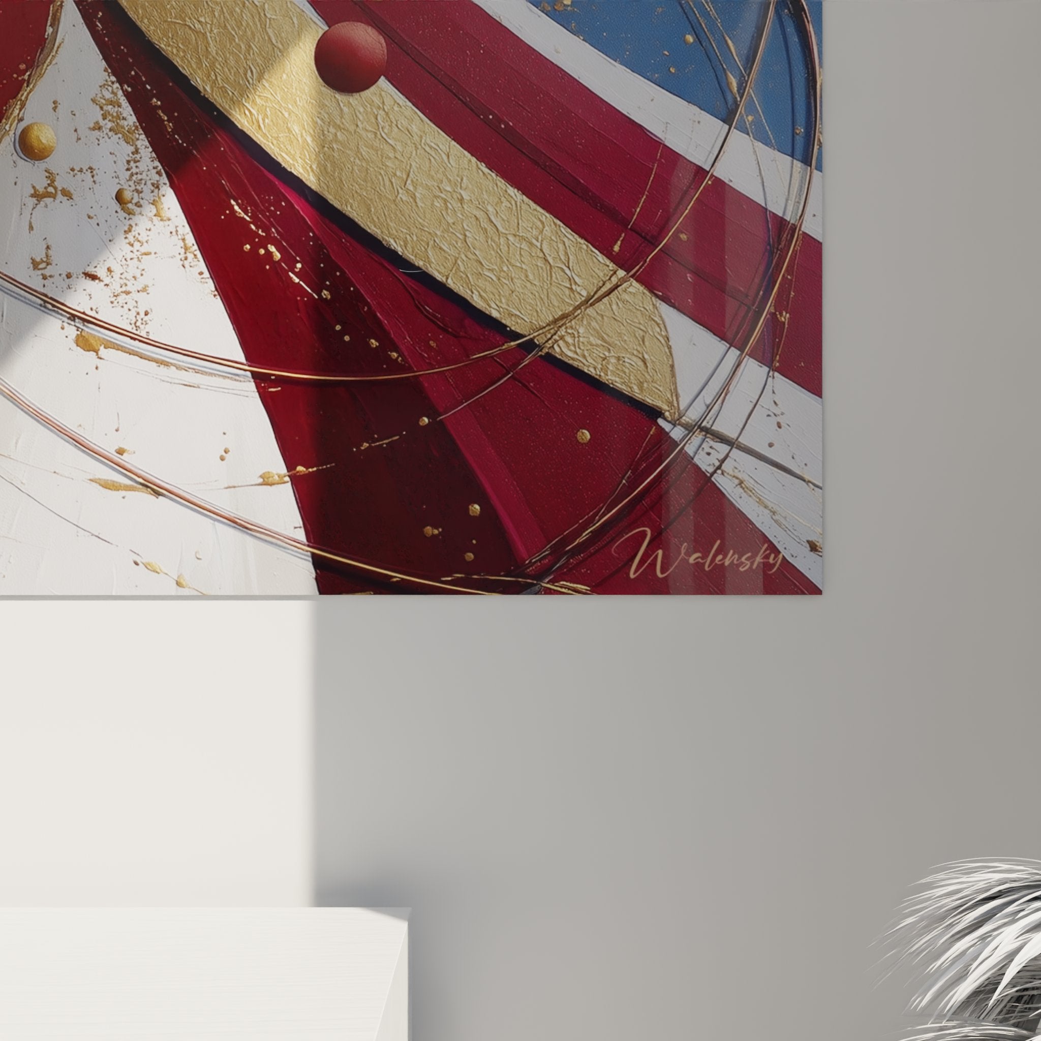 Vue d'ensemble tableau cosmos abstrait, composition dynamique rubans colorés et éléments dorés style art contemporain