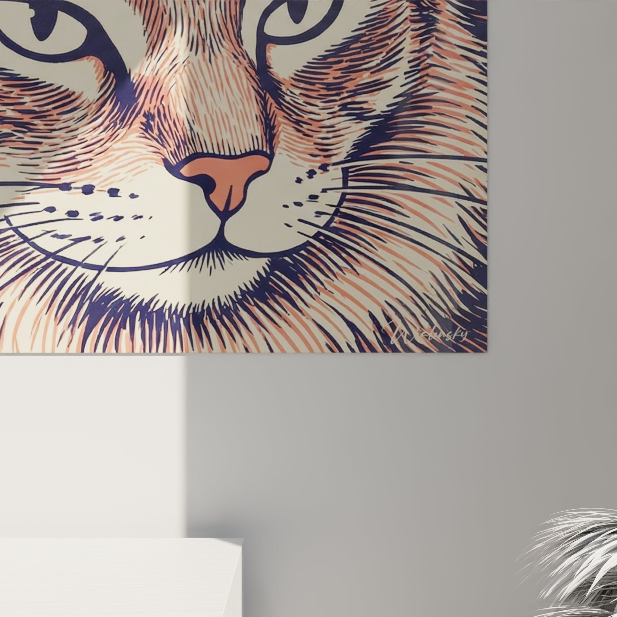 Vue d'ensemble tableau portrait chat décoratif avec encadrement, style artistique oriental moderne