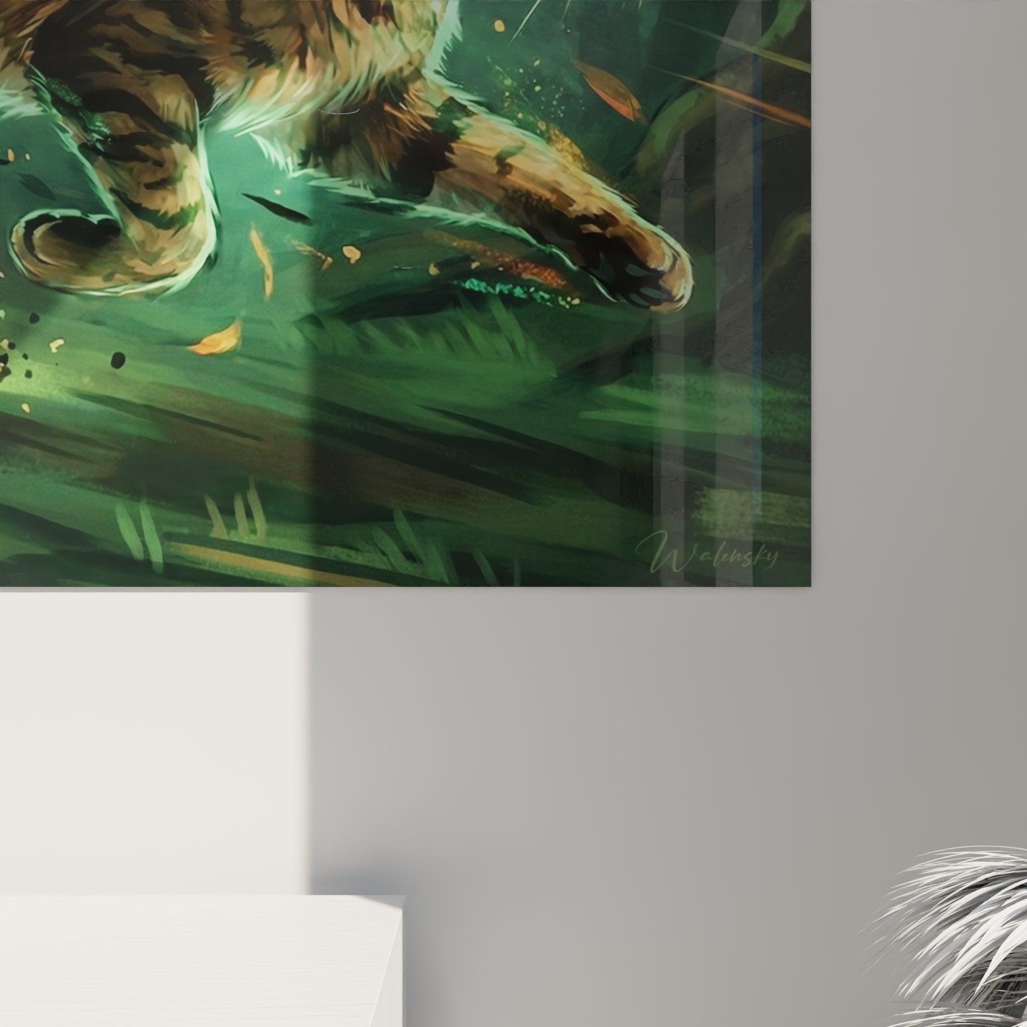 Overview wall art painting American Bobtail cat in motion with green magical aura on contemporary wall