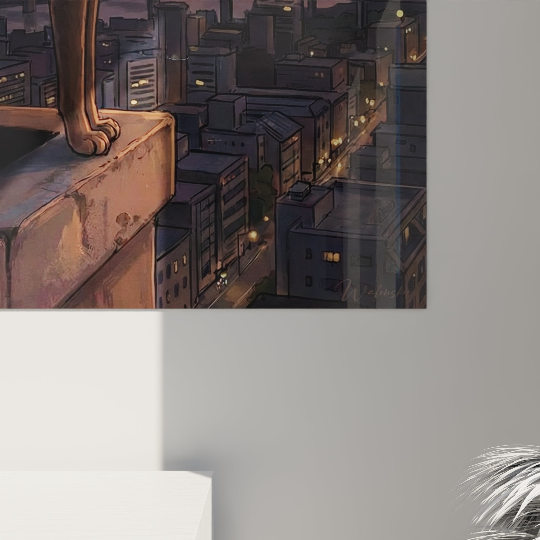 Vue d'ensemble tableau chat Chausie metropolitain dans salon moderne, decoration murale elegante et raffinee