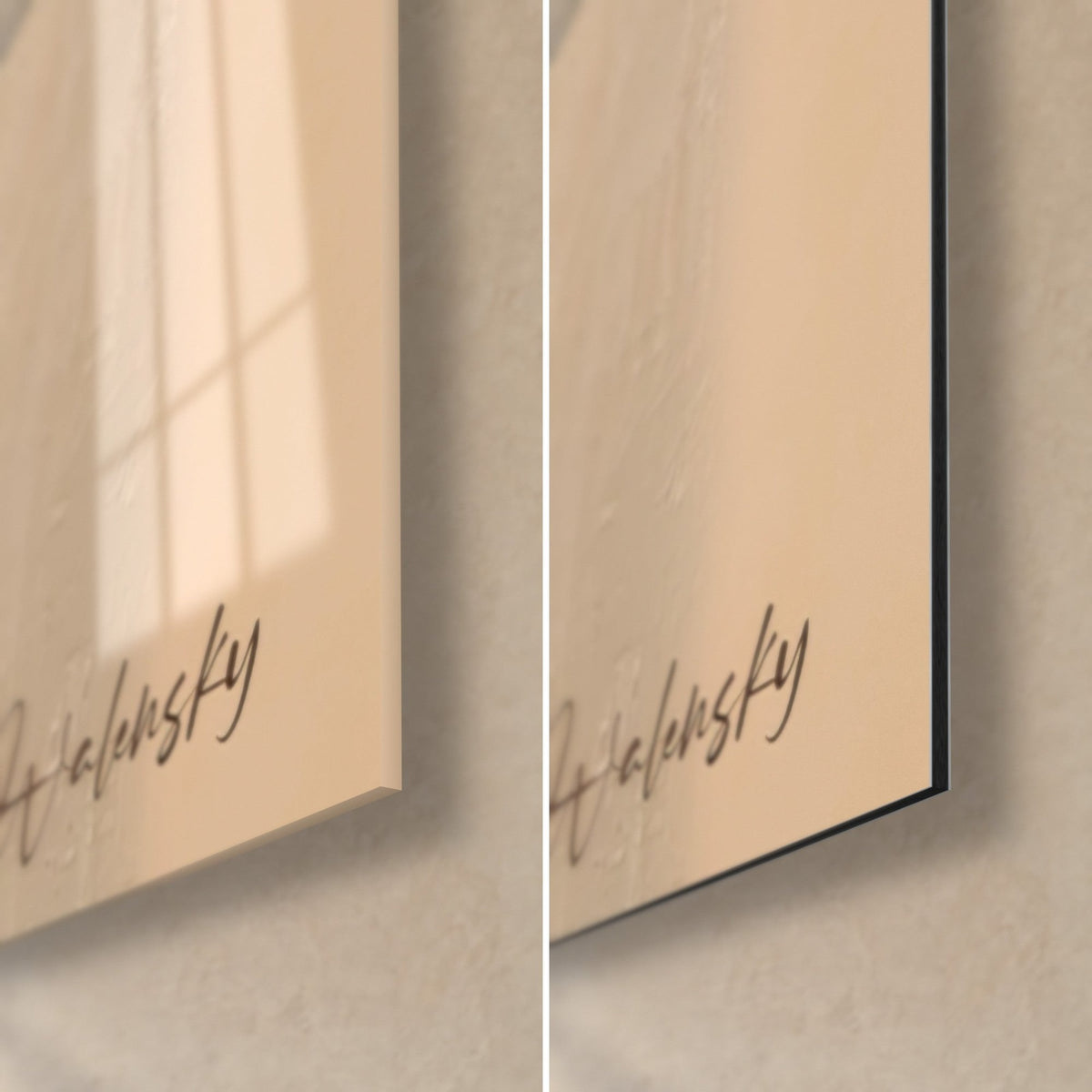 Gemälde Maasai-Zug in Rot und Creme, Ecke unten rechts aus glänzendem Acrylglas links, mattschwarzes Alu-Dibond rechts
