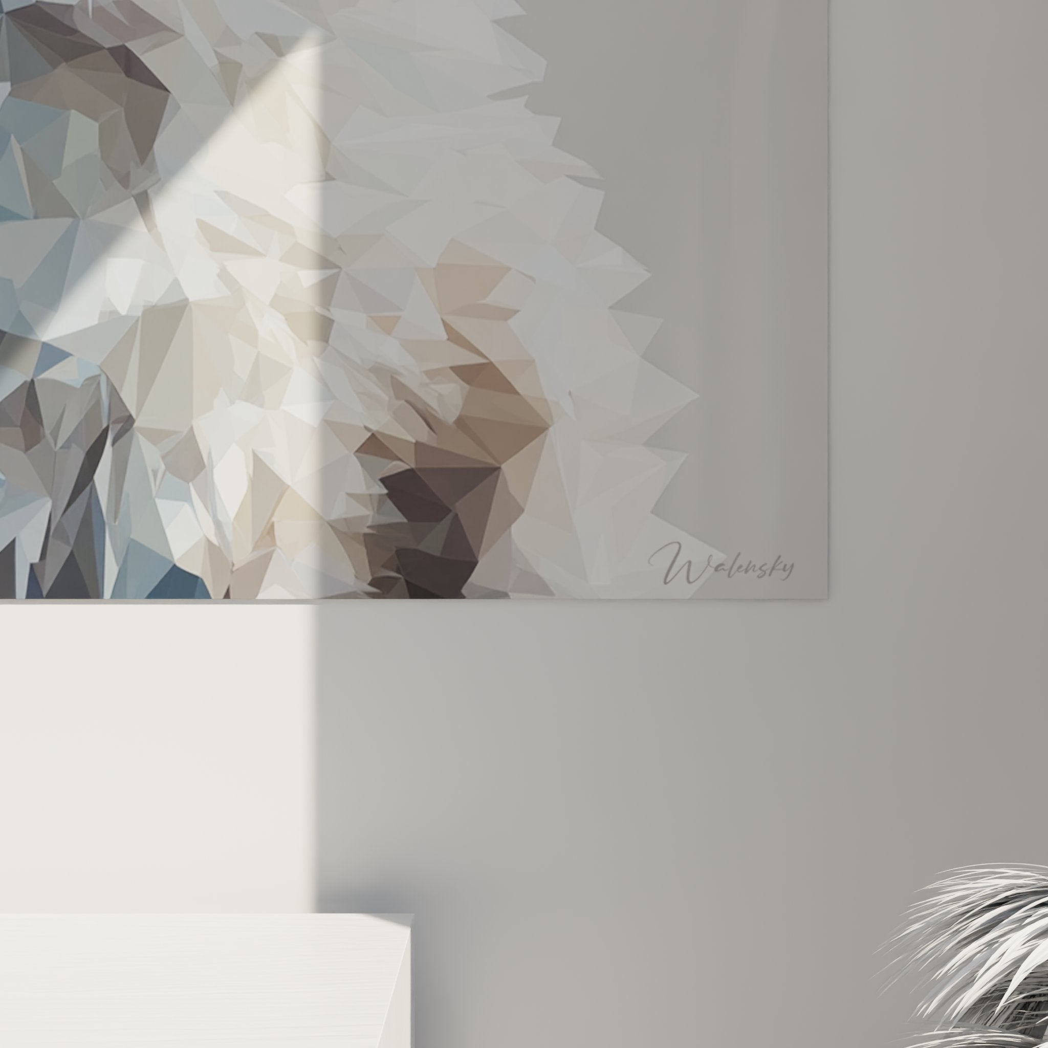 Vue d'ensemble tableau mural chat polygonal bleu décoration intérieur moderne art géométrique