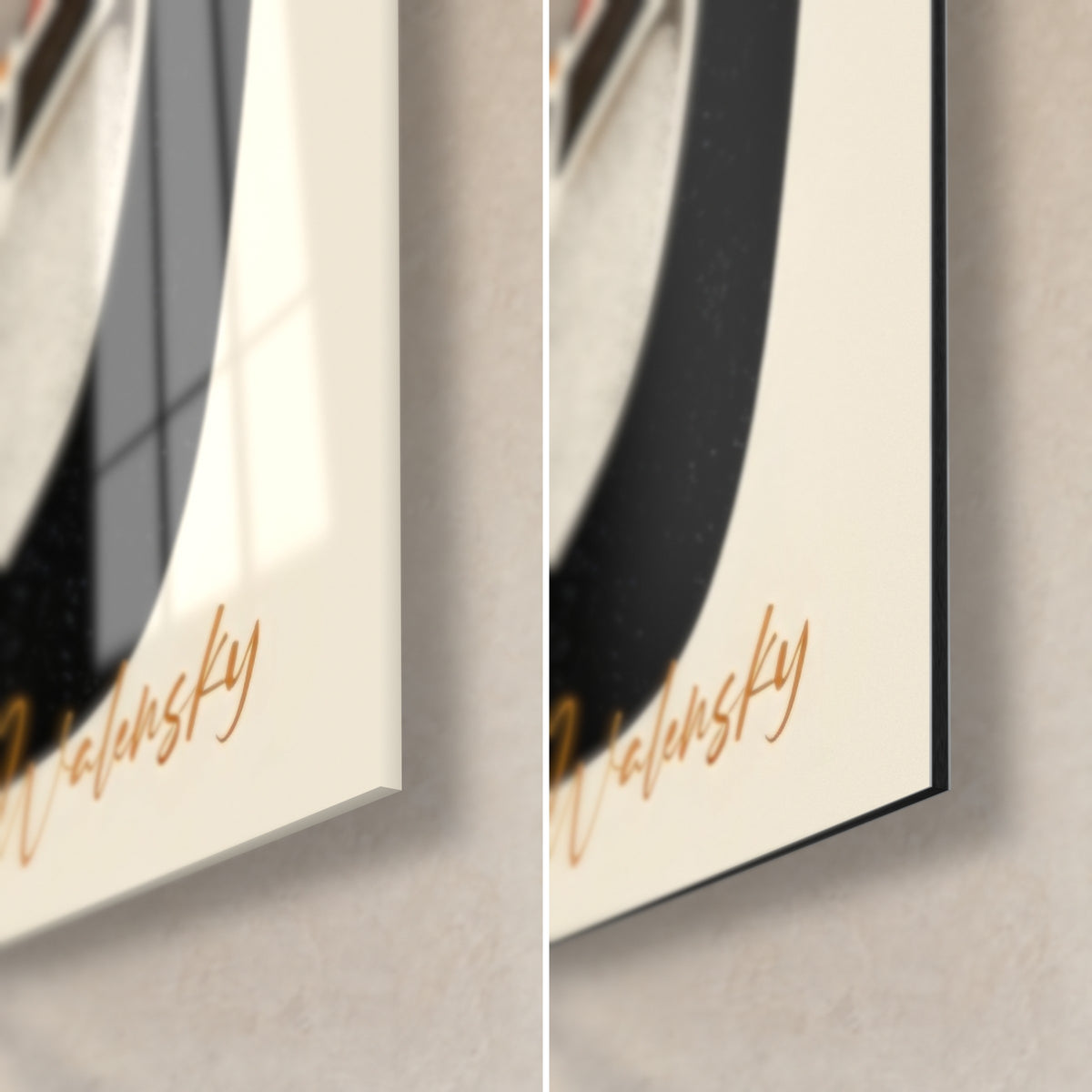 Wall art black and cream geometric shapes, bottom right corner, orange Walensky signature, glossy glass on the left, matte Dibond on the right