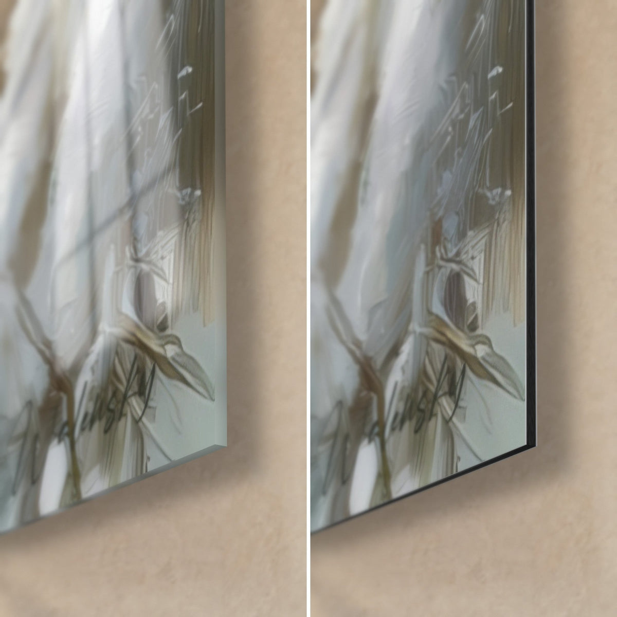 Schilderij witte kat in olieverf, rechtsonder: grijsgroene dennennaalden, glanzend glas met reflecties, matzwart Dibond, rand van 3 mm