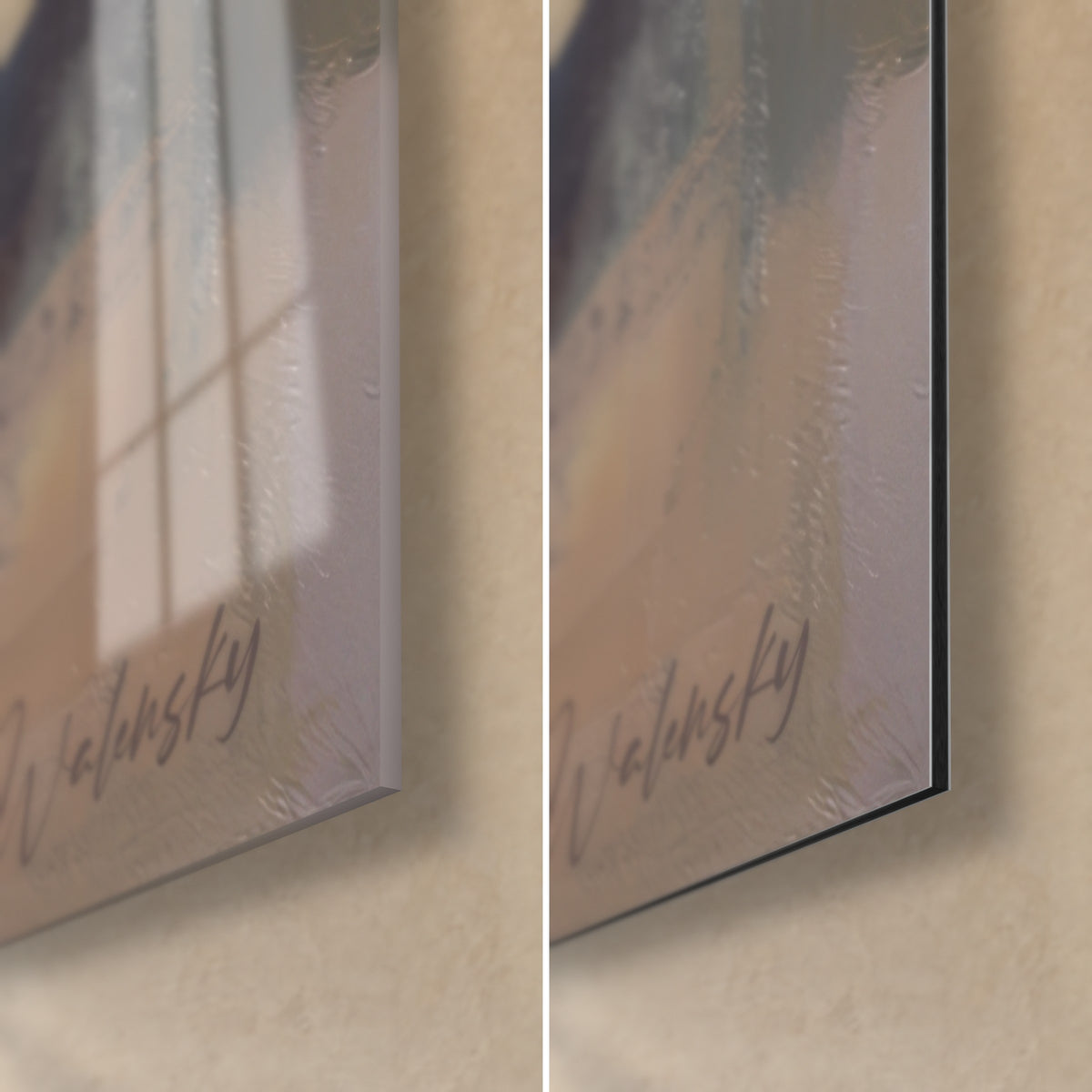 Wall art water carriers in thick grey and ochre paste, bottom right corner in glossy glass and matte Dibond, 3 mm edge