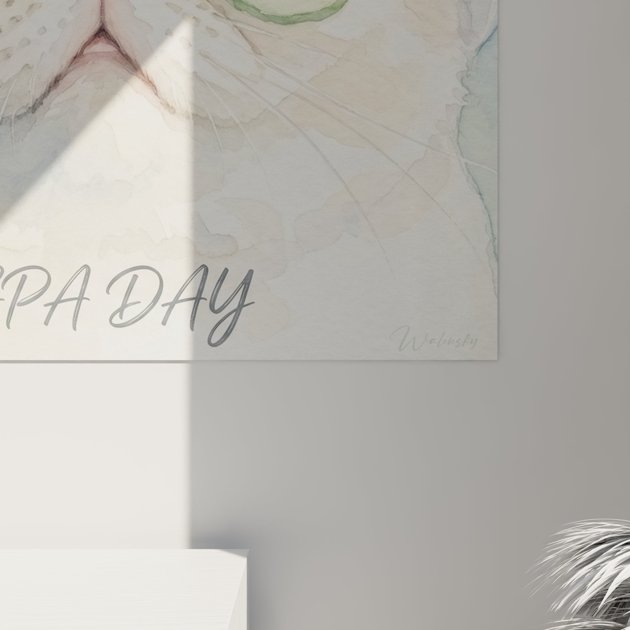 Vista d'insieme quadro murale acquerello gatto Exotic Shorthair spa day in interni contemporanei