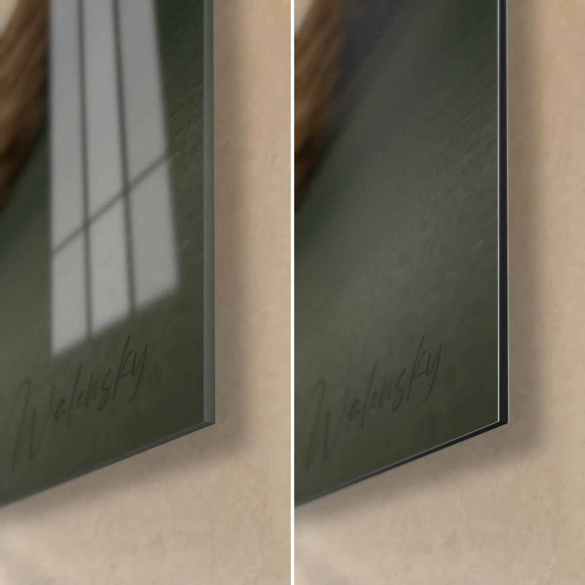 Tableau félin tigré aux yeux verts, coin bas droit : verre acrylique brillant et reflets à gauche, alu Dibond mat vert à droite