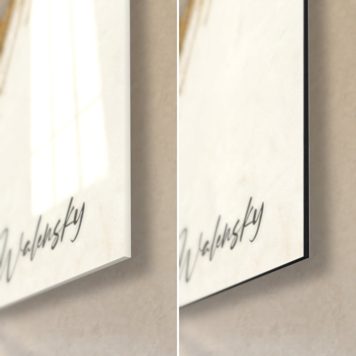 Schilderij van een karatebeoefenaar in inkt, Walensky-handtekening in zwart op crème, rechterbenedenhoek: glanzend glas en mat Dibond