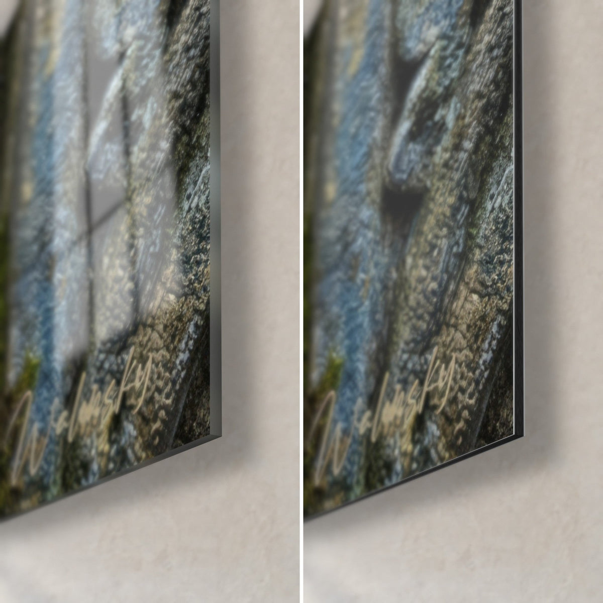 Schilderij grijsblauwe Chartreux-kater, rechtsonder: glanzend acrylglas links, mat Dibond-aluminium rechts, 3 mm rand