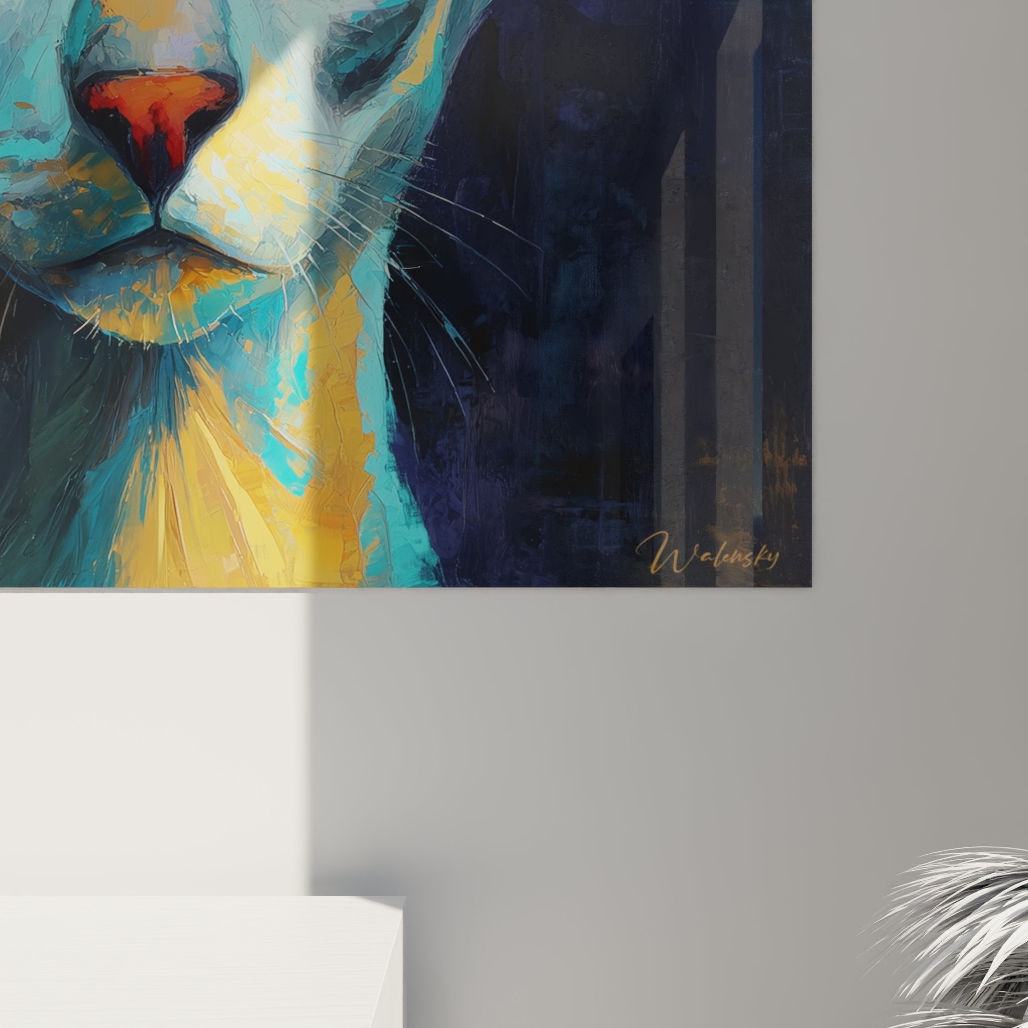 Vue d'ensemble tableau chat Oriental Shorthair style contemporain, art mural felin decoration interieure moderne